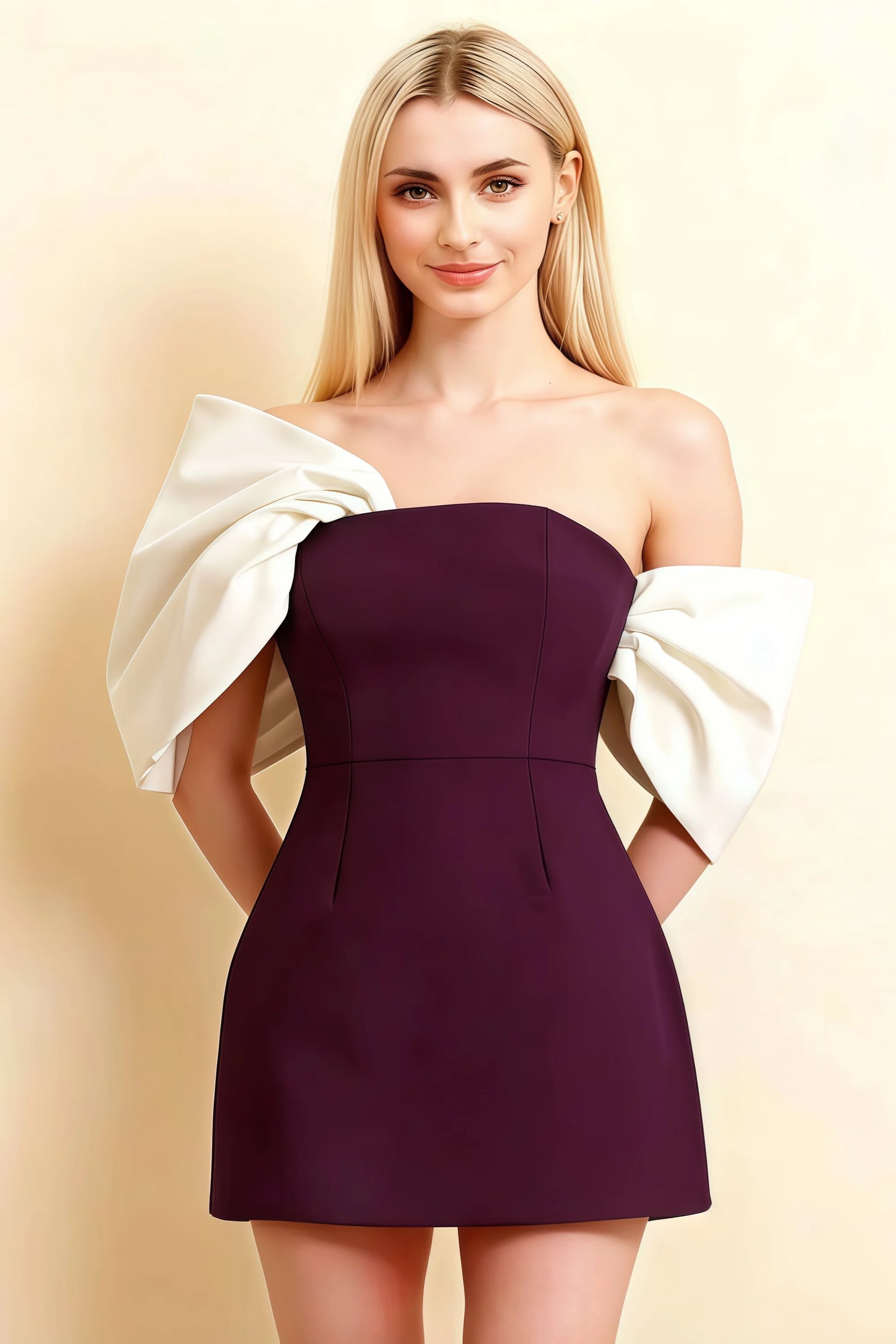 Bella Grape Satin Bandeau A-Line Mini Dress with Bow Sleeves