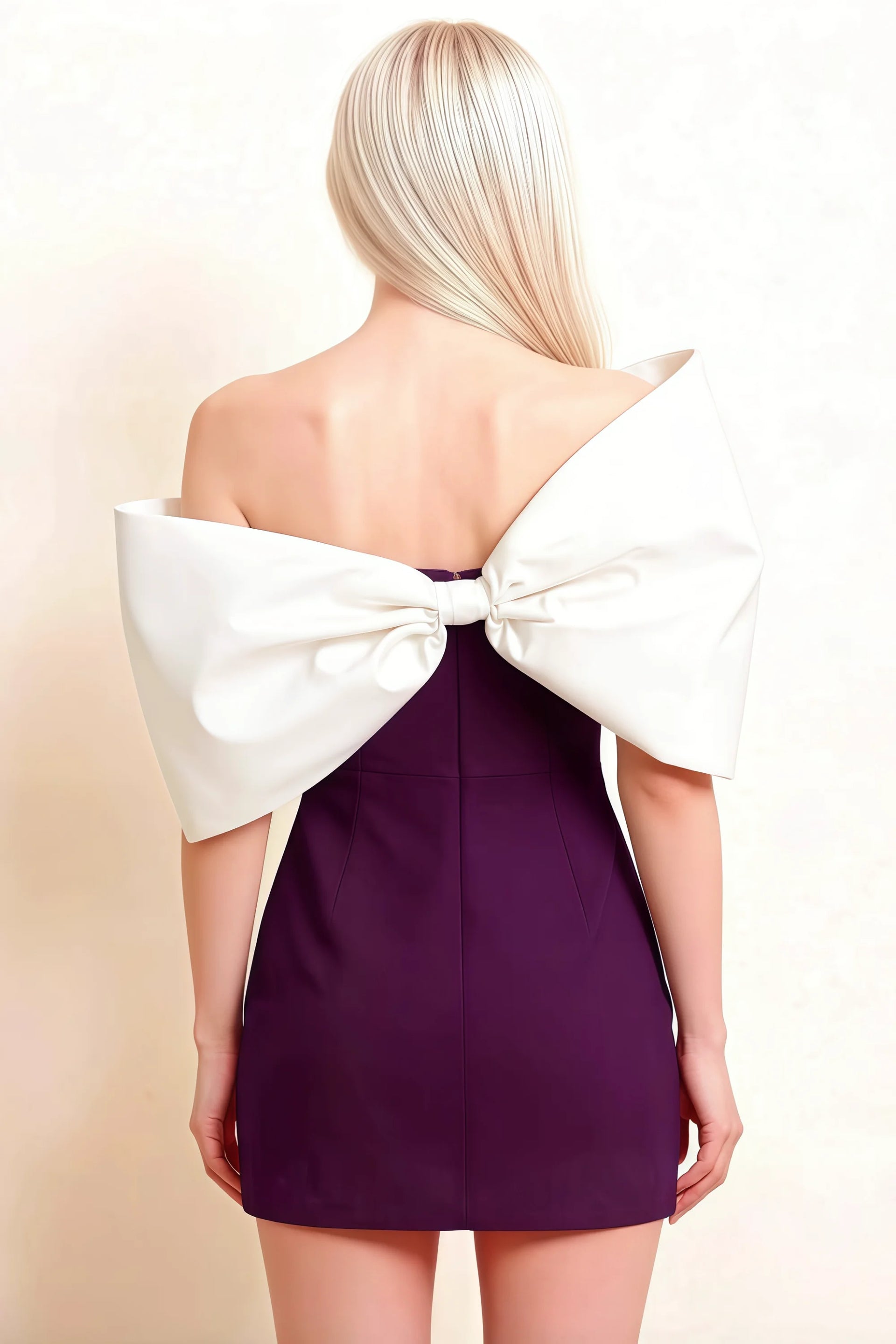 Bella Grape Satin Bandeau A-Line Mini Dress with Bow Sleeves