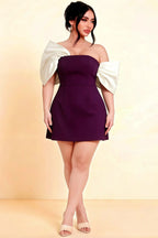 Bella Grape Satin Bandeau A-Line Mini Dress with Bow Sleeves