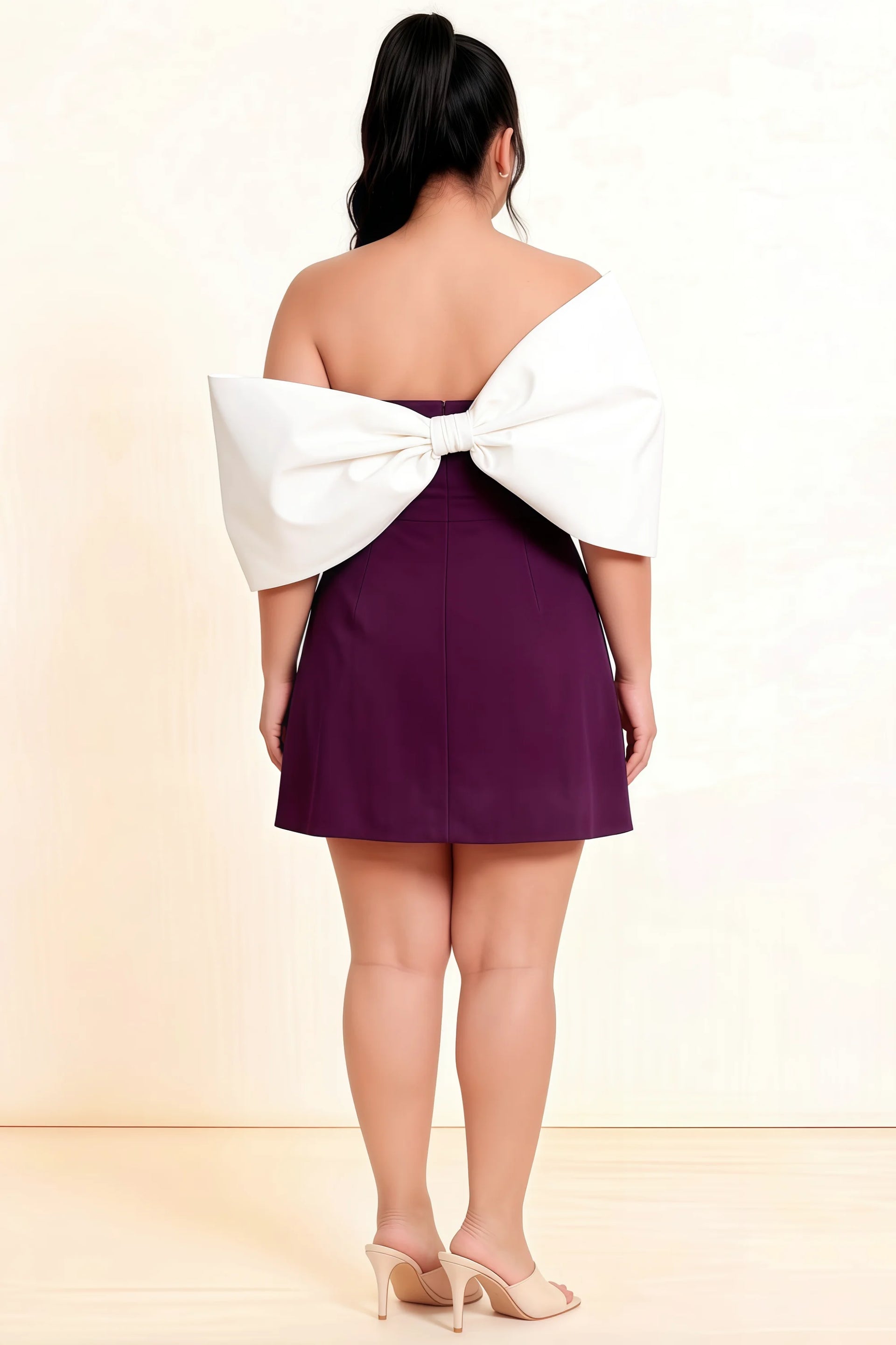 Bella Grape Satin Bandeau A-Line Mini Dress with Bow Sleeves