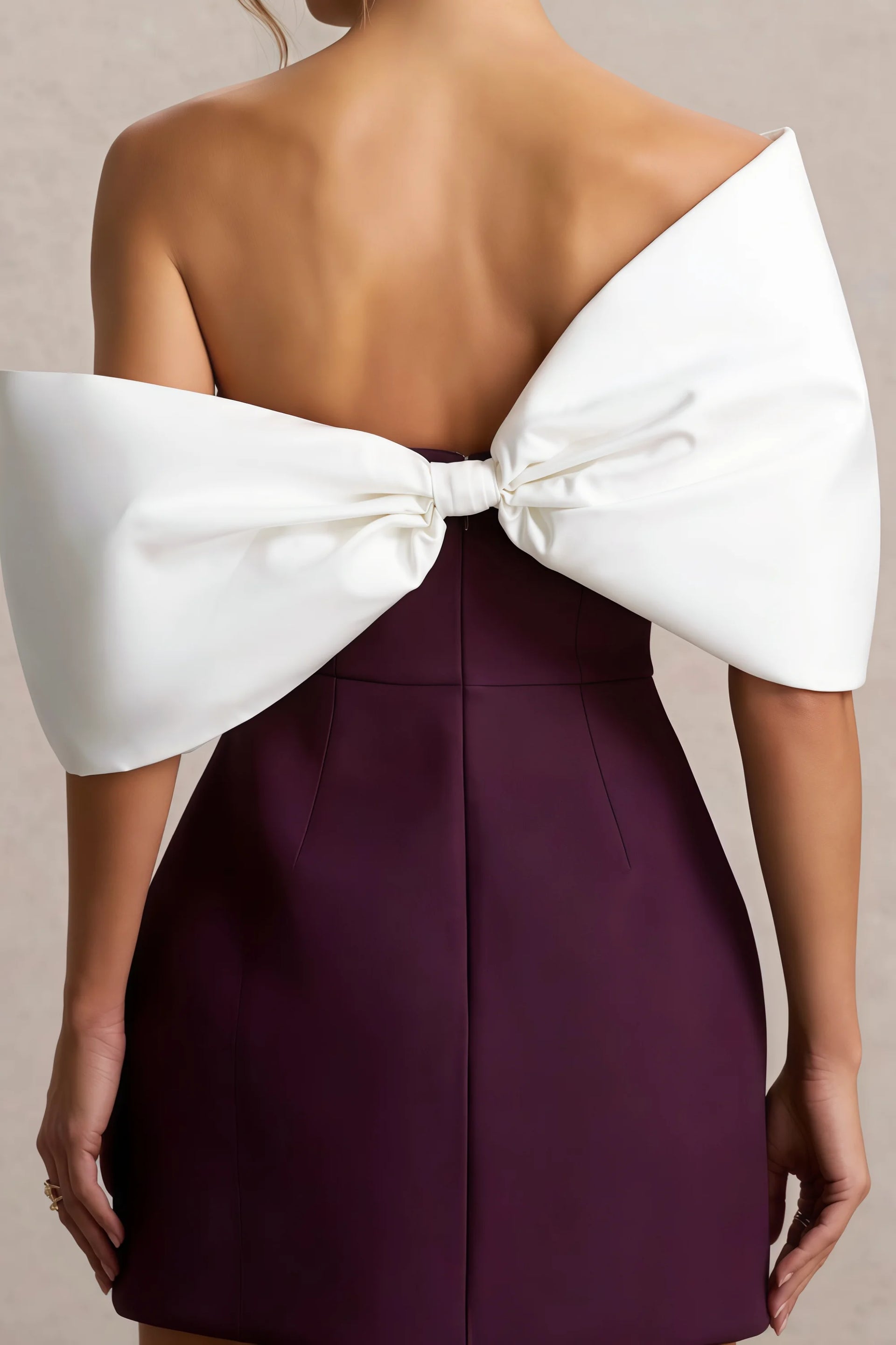 Bella Grape Satin Bandeau A-Line Mini Dress with Bow Sleeves