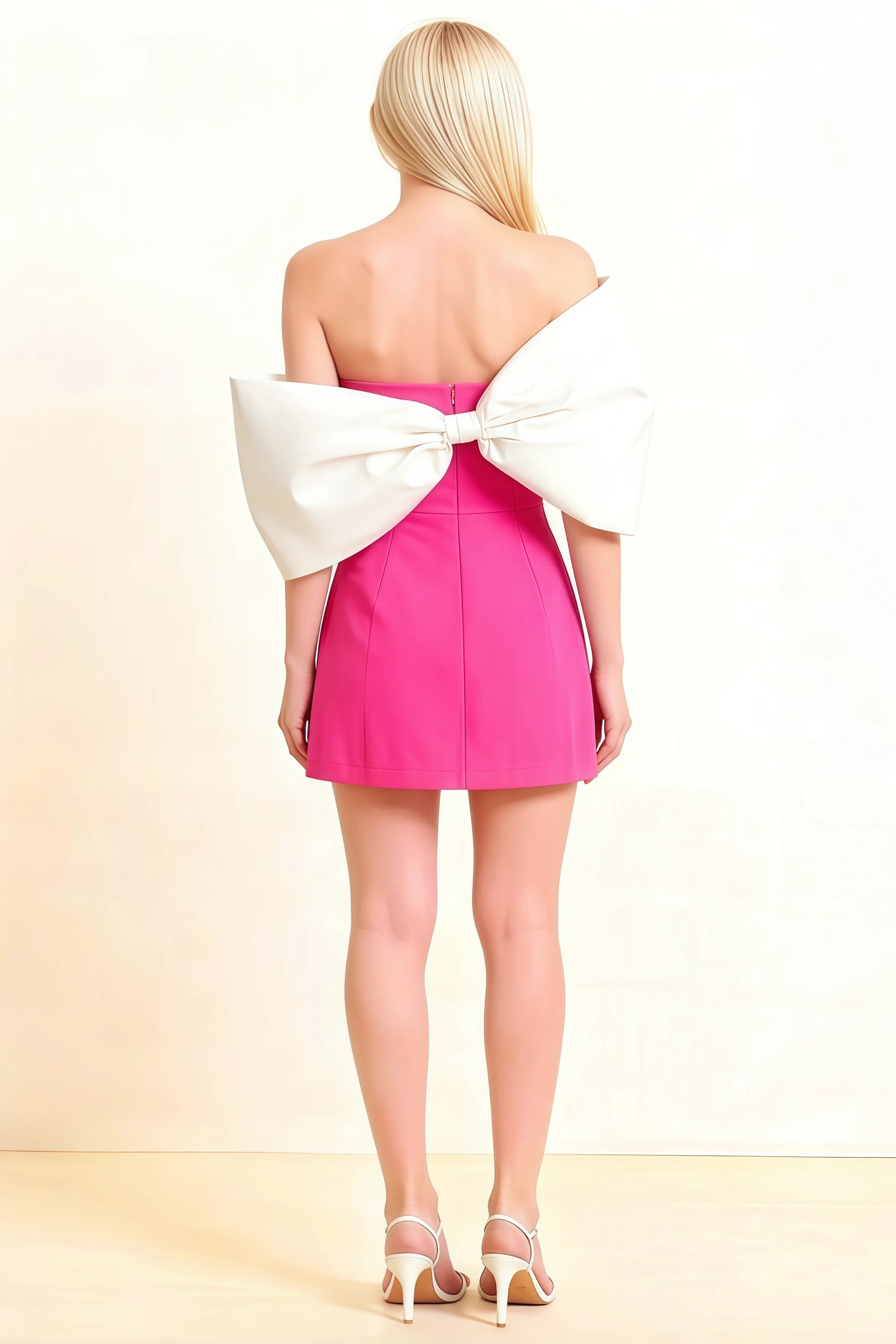 Bella Hot Pink Satin Bandeau A-Line Mini Dress with Bow Sleeves Secondary image