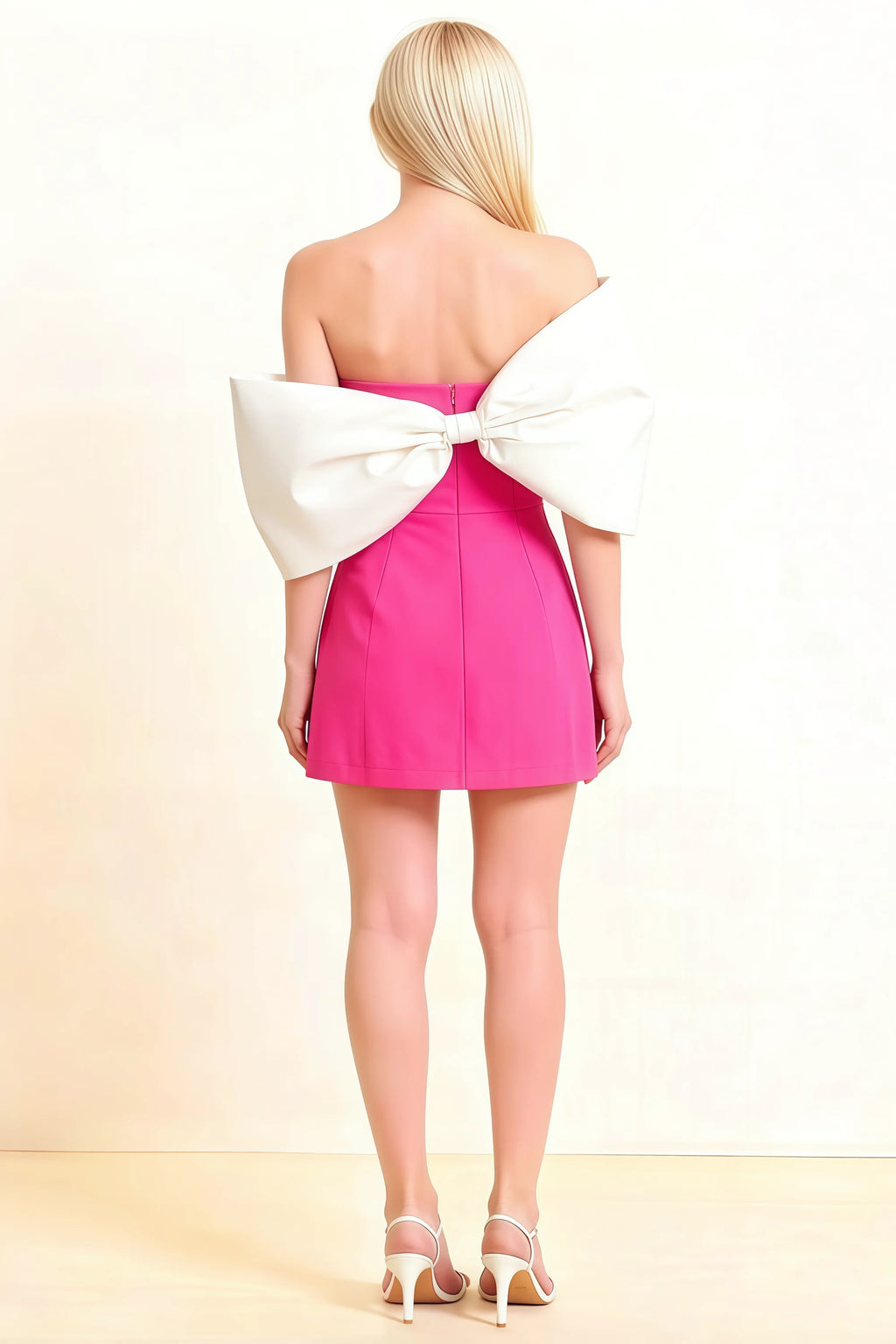 Bella Hot Pink Satin Bandeau A-Line Mini Dress with Bow Sleeves