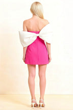 Bella Hot Pink Satin Bandeau A-Line Mini Dress with Bow Sleeves