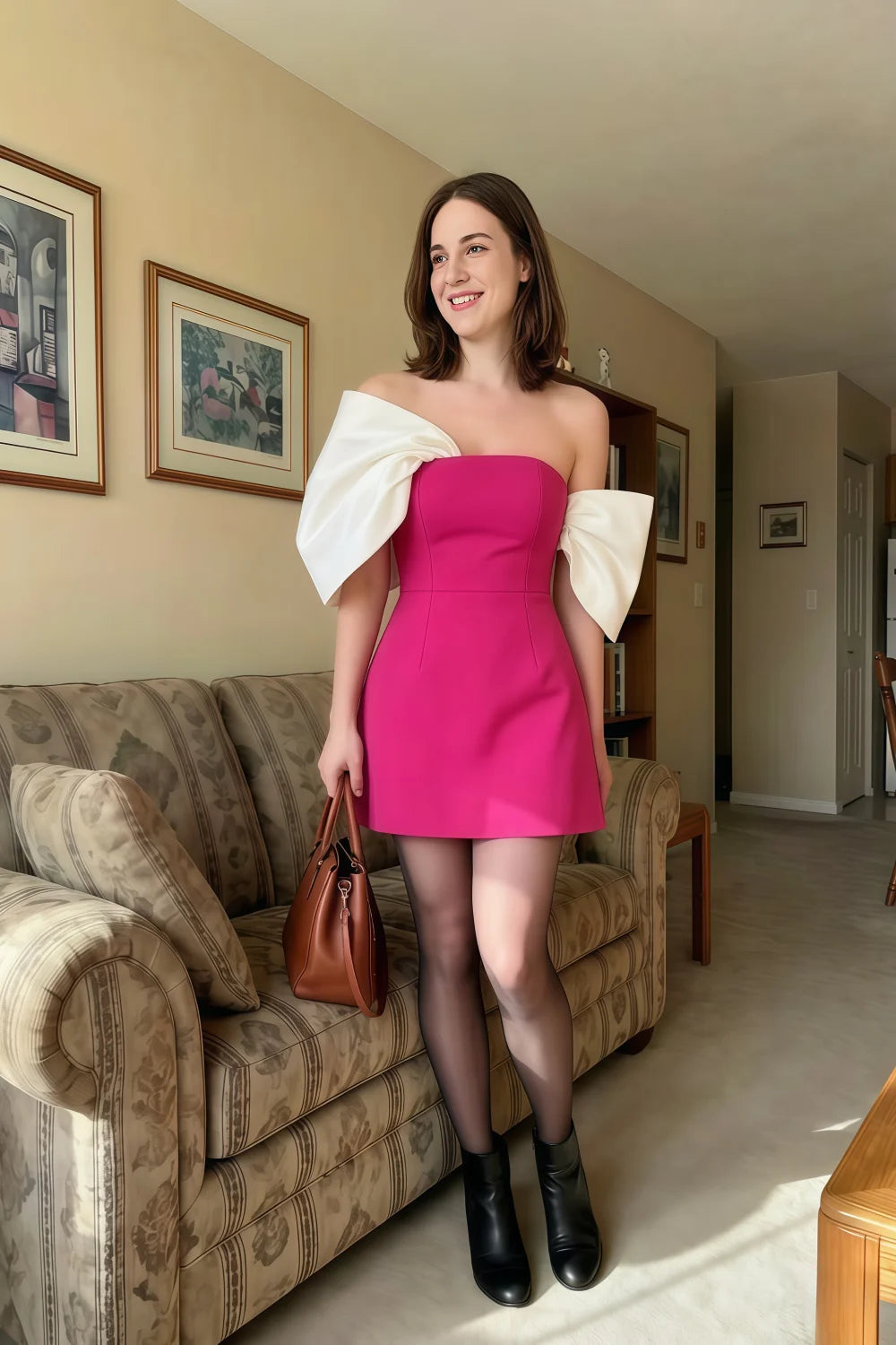 Bella Hot Pink Satin Bandeau A-Line Mini Dress with Bow Sleeves