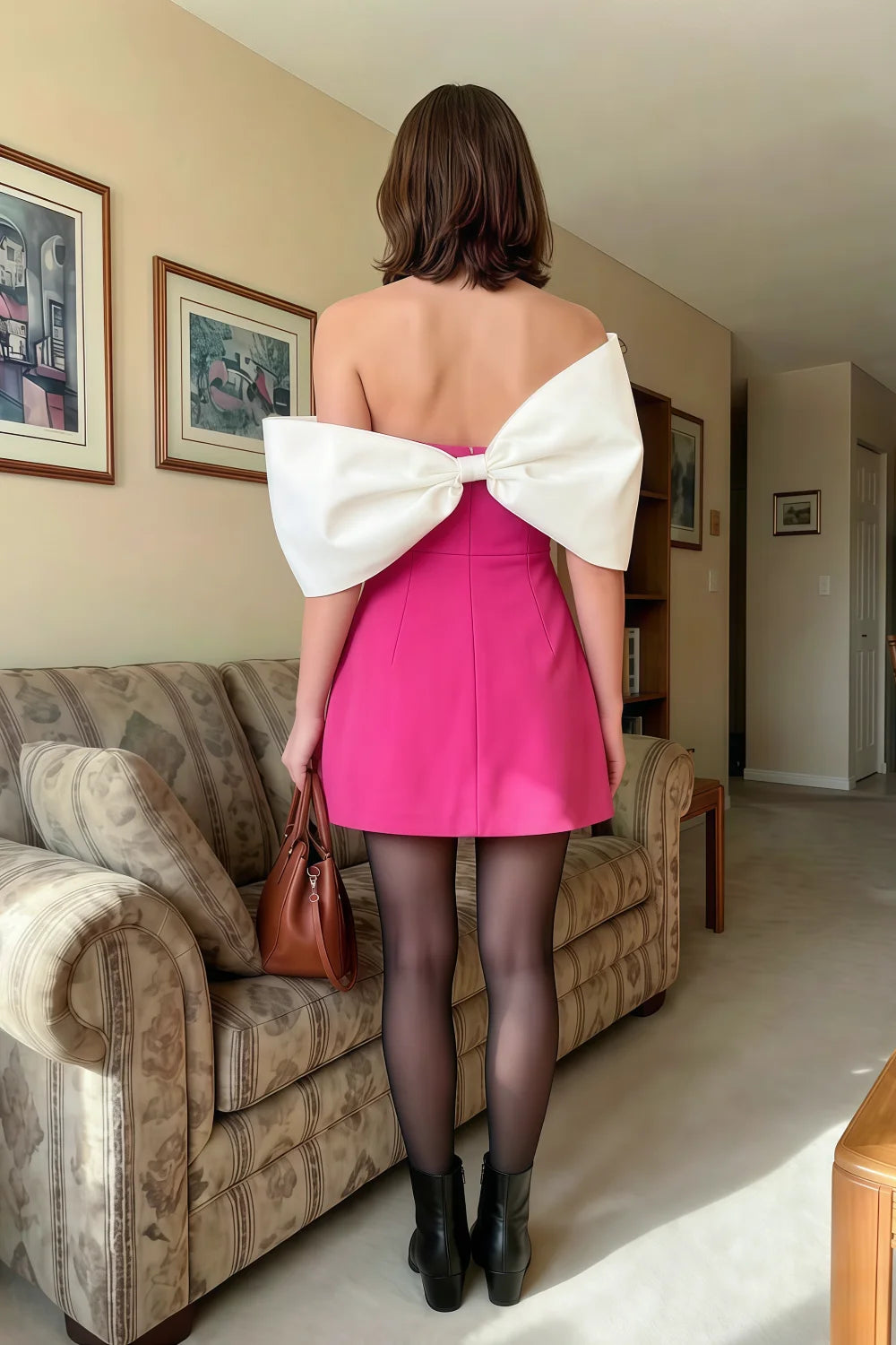 Bella Hot Pink Satin Bandeau A-Line Mini Dress with Bow Sleeves