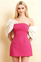 Bella Hot Pink Satin Bandeau A-Line Mini Dress with Bow Sleeves
