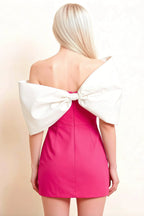 Bella Hot Pink Satin Bandeau A-Line Mini Dress with Bow Sleeves