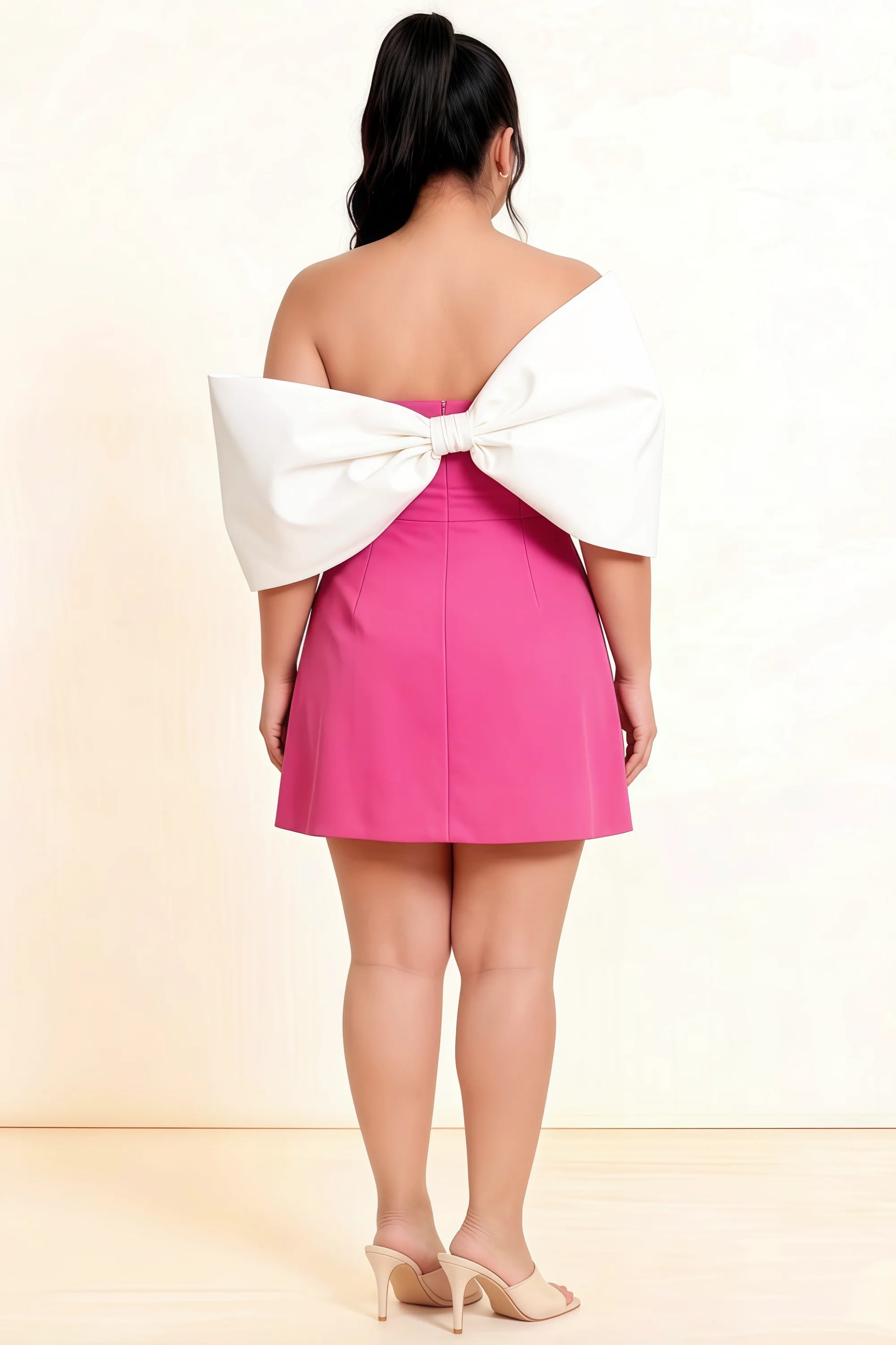 Bella Hot Pink Satin Bandeau A-Line Mini Dress with Bow Sleeves