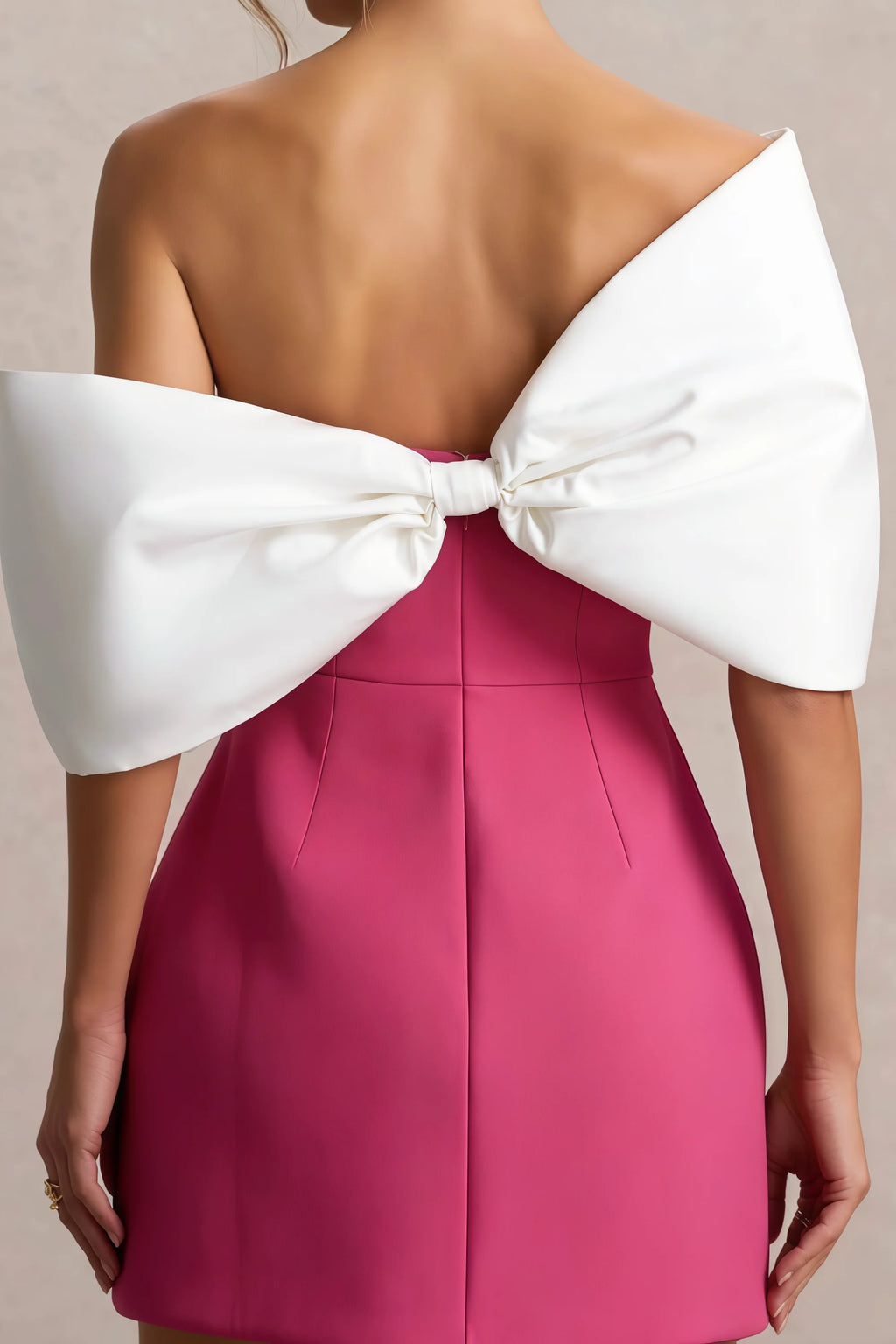 Bella Hot Pink Satin Bandeau A-Line Mini Dress with Bow Sleeves