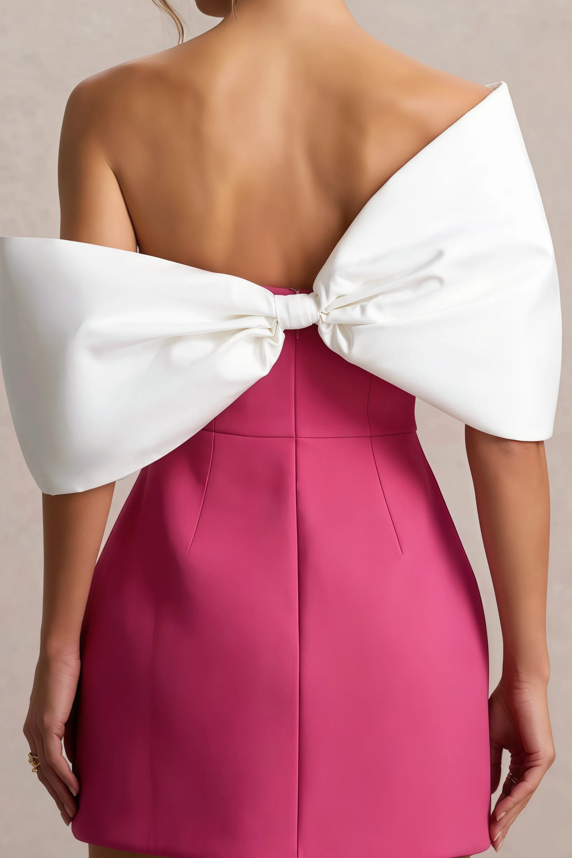 Bella Hot Pink Satin Bandeau A-Line Mini Dress with Bow Sleeves