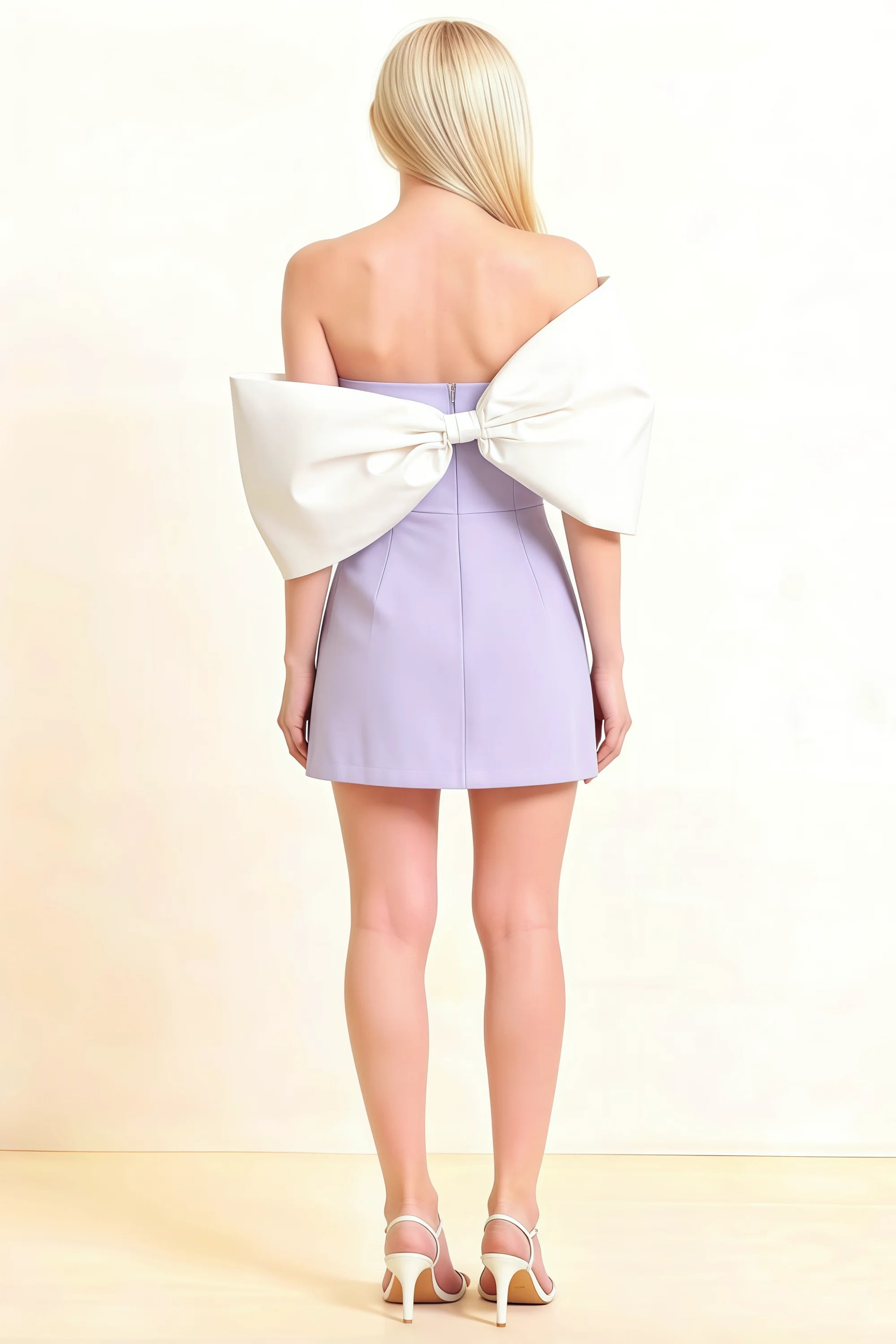Bella Lavender Satin Bandeau A-Line Mini Dress with Bow Sleeves Secondary image