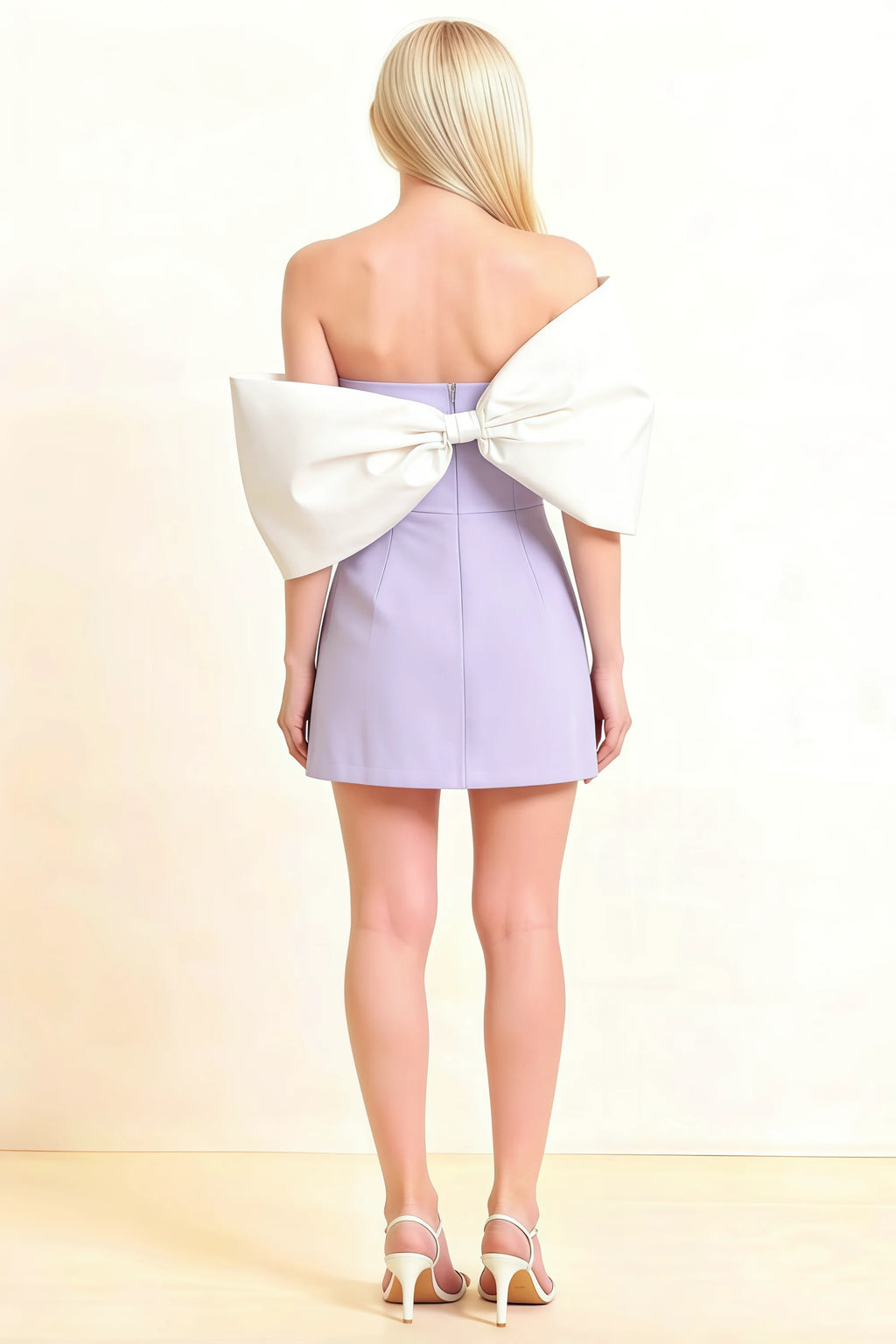 Bella Lavender Satin Bandeau A-Line Mini Dress with Bow Sleeves