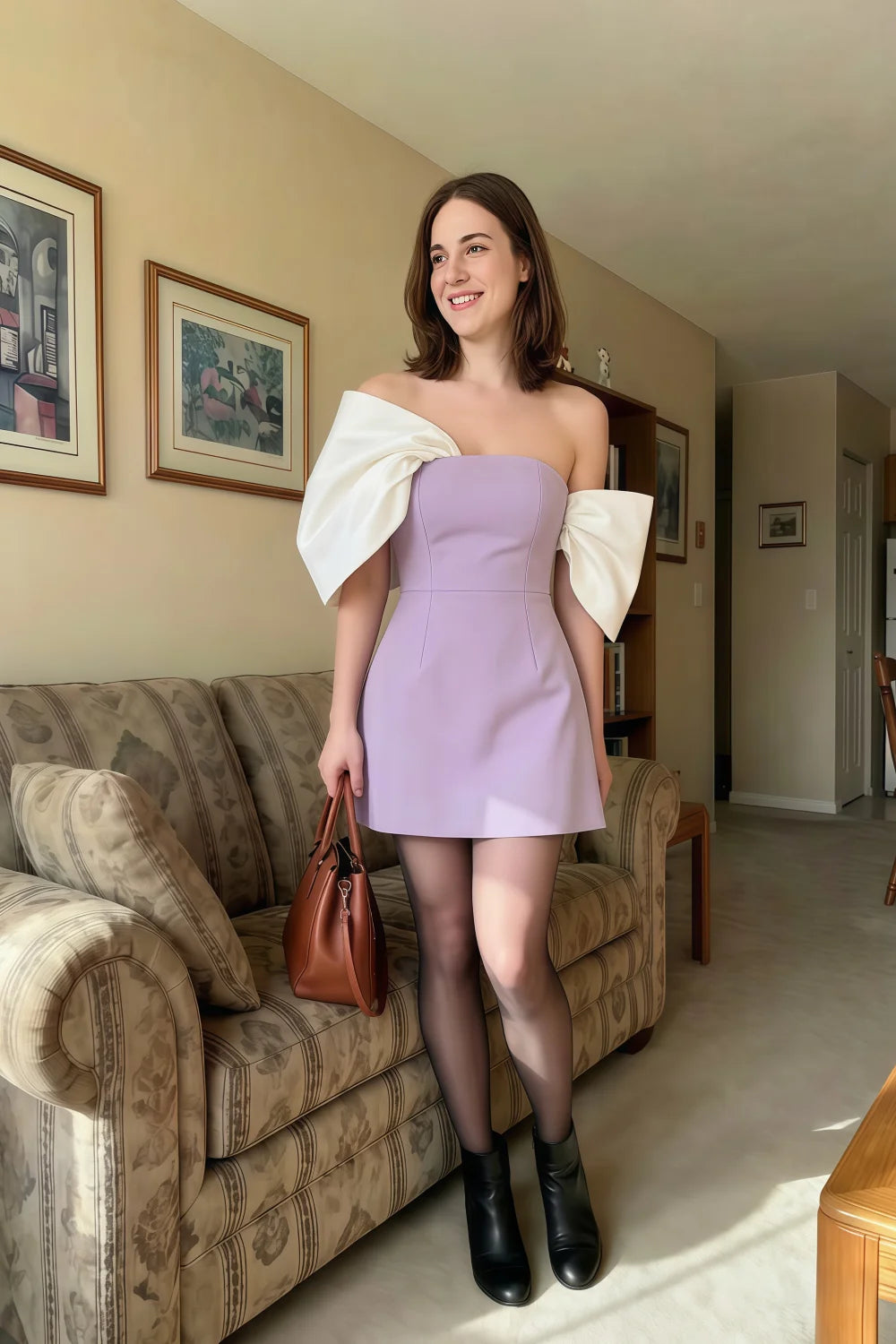 Bella Lavender Satin Bandeau A-Line Mini Dress with Bow Sleeves