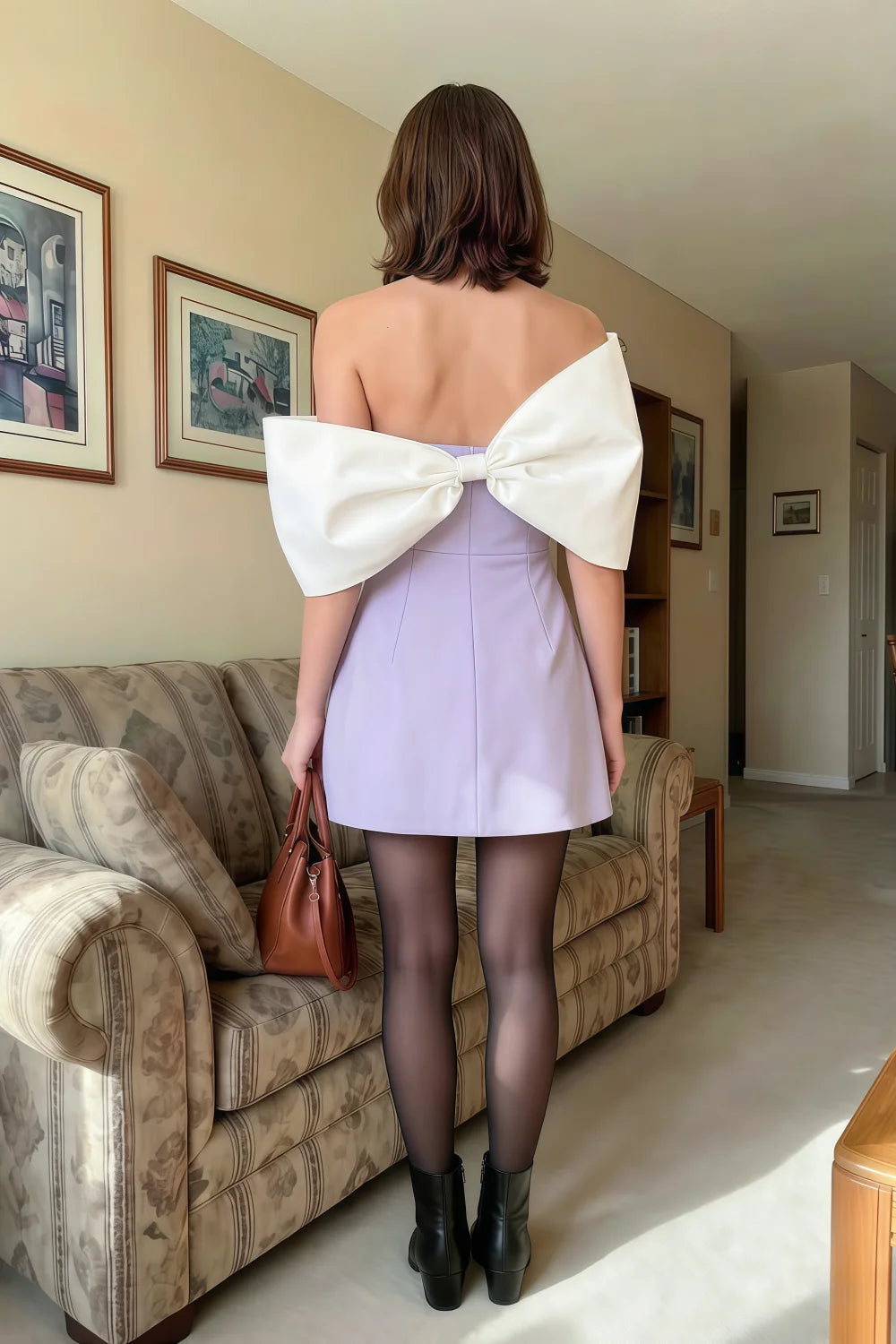 Bella Lavender Satin Bandeau A-Line Mini Dress with Bow Sleeves