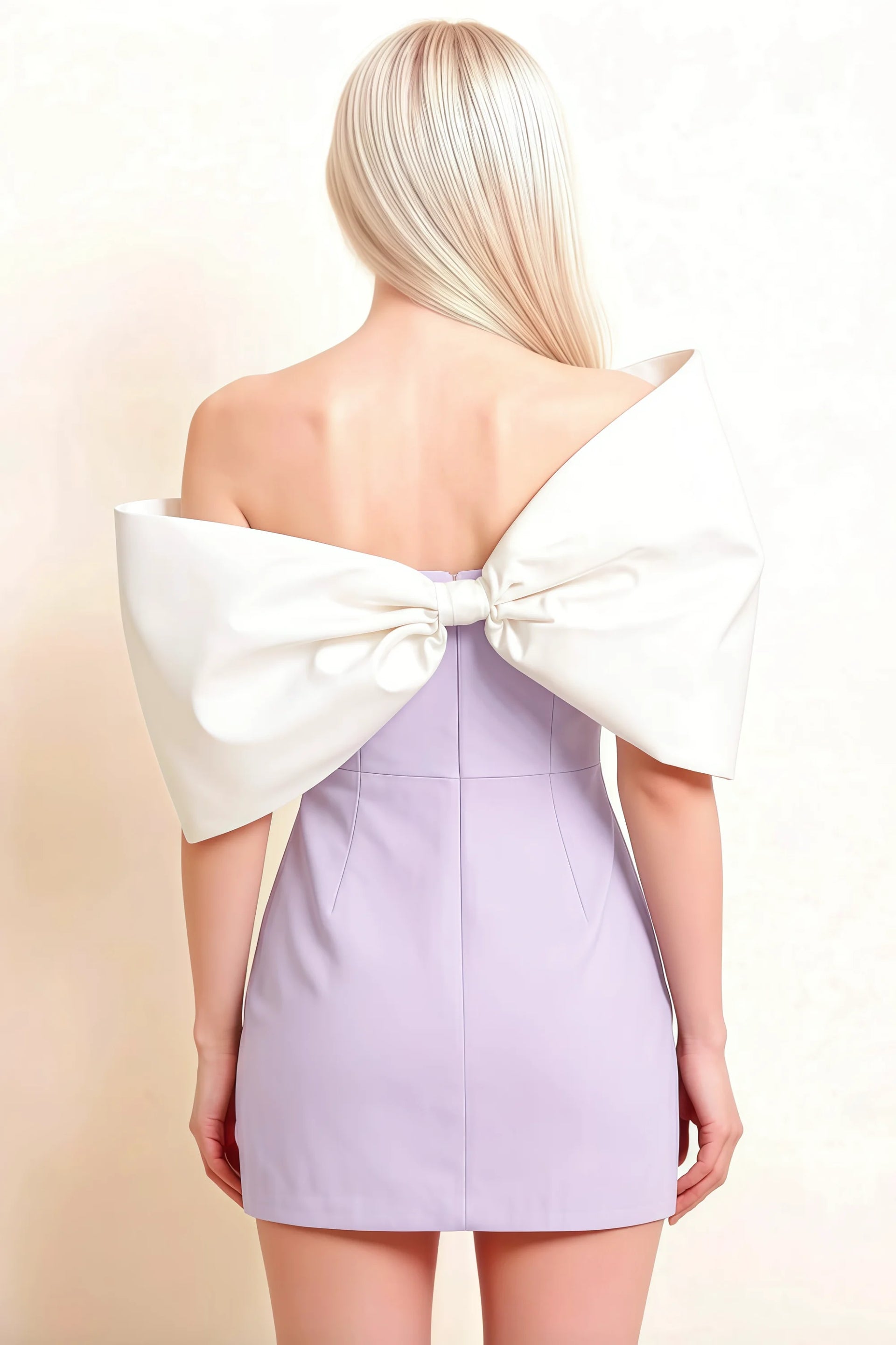 Bella Lavender Satin Bandeau A-Line Mini Dress with Bow Sleeves