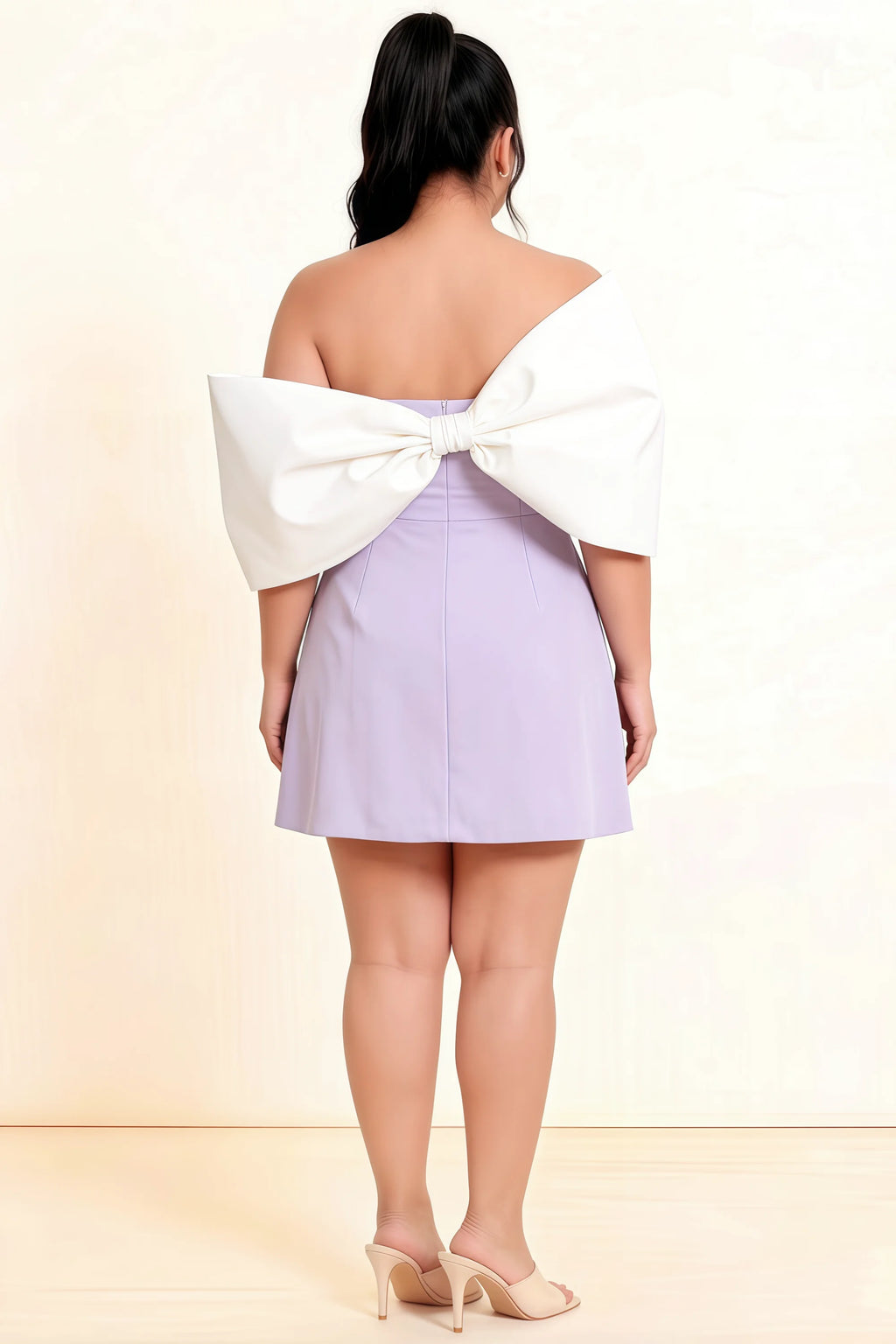 Bella Lavender Satin Bandeau A-Line Mini Dress with Bow Sleeves