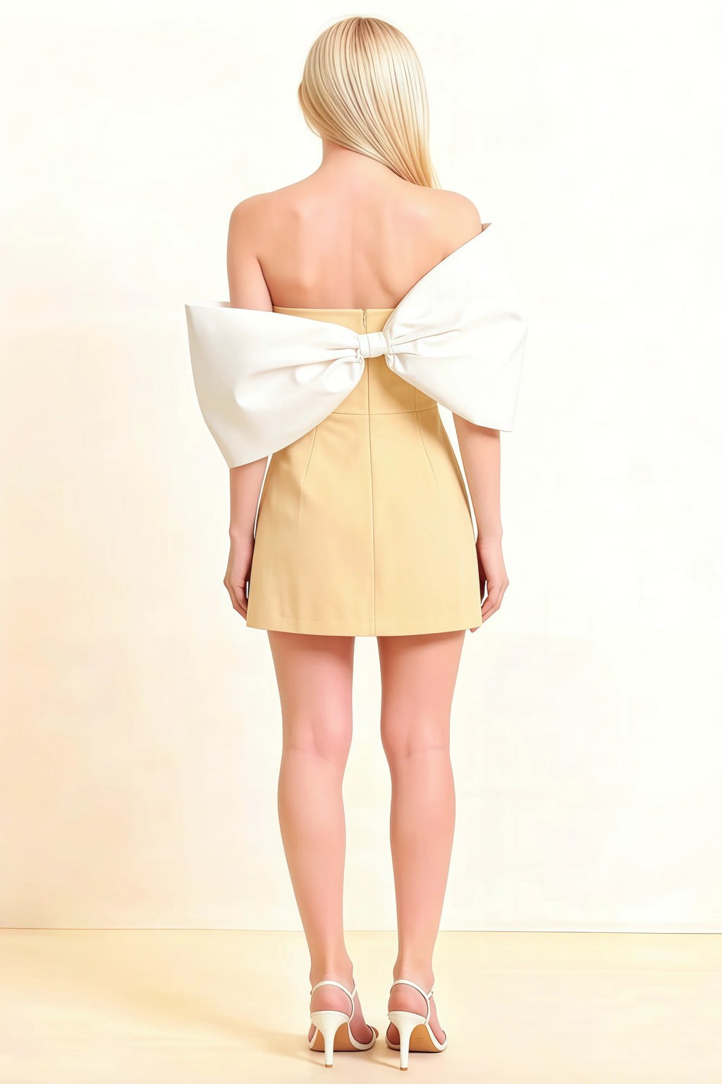 Bella Lemon Satin Bandeau A-Line Mini Dress with Bow Sleeves