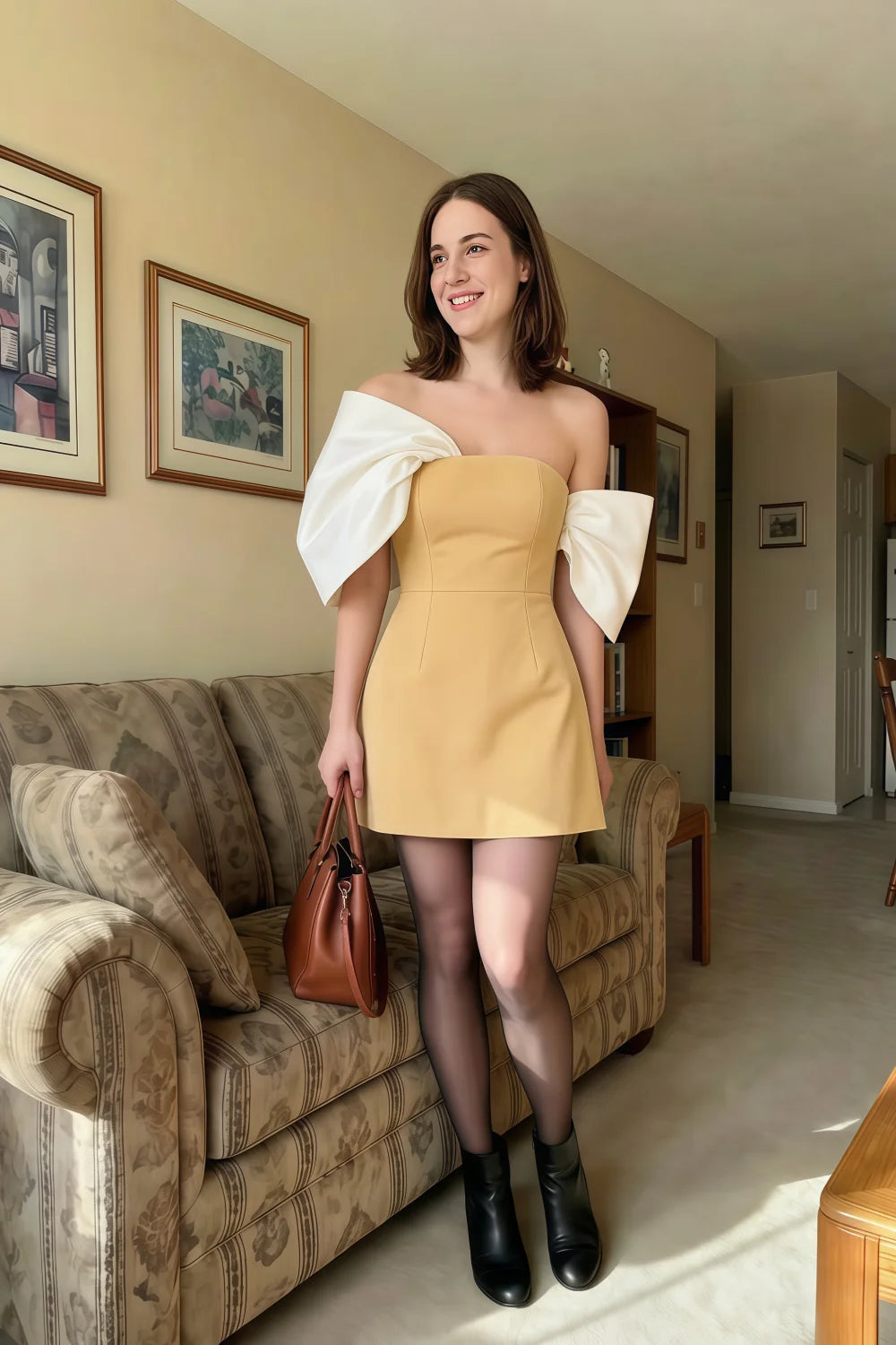 Bella Lemon Satin Bandeau A-Line Mini Dress with Bow Sleeves