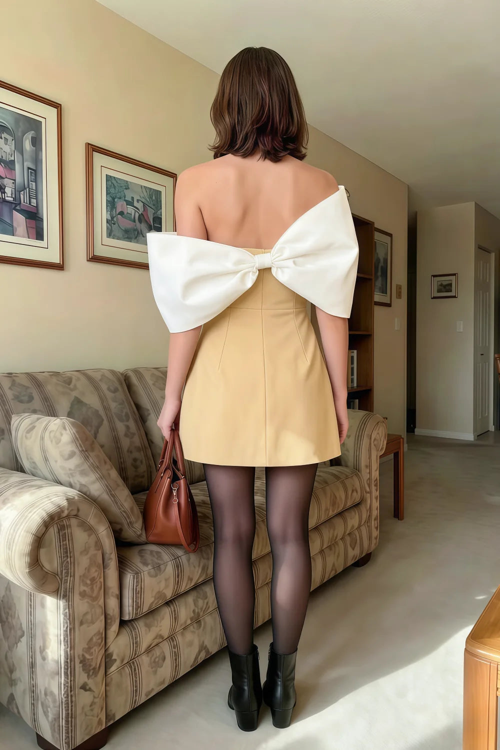 Bella Lemon Satin Bandeau A-Line Mini Dress with Bow Sleeves