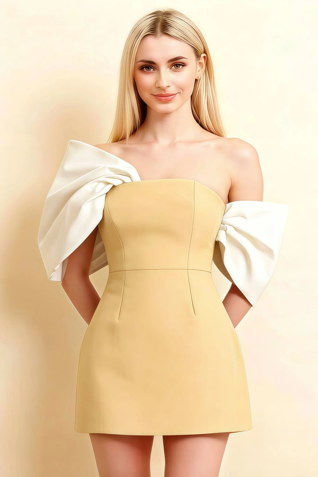 Bella Lemon Satin Bandeau A-Line Mini Dress with Bow Sleeves