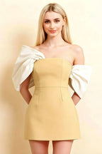 Bella Lemon Satin Bandeau A-Line Mini Dress with Bow Sleeves