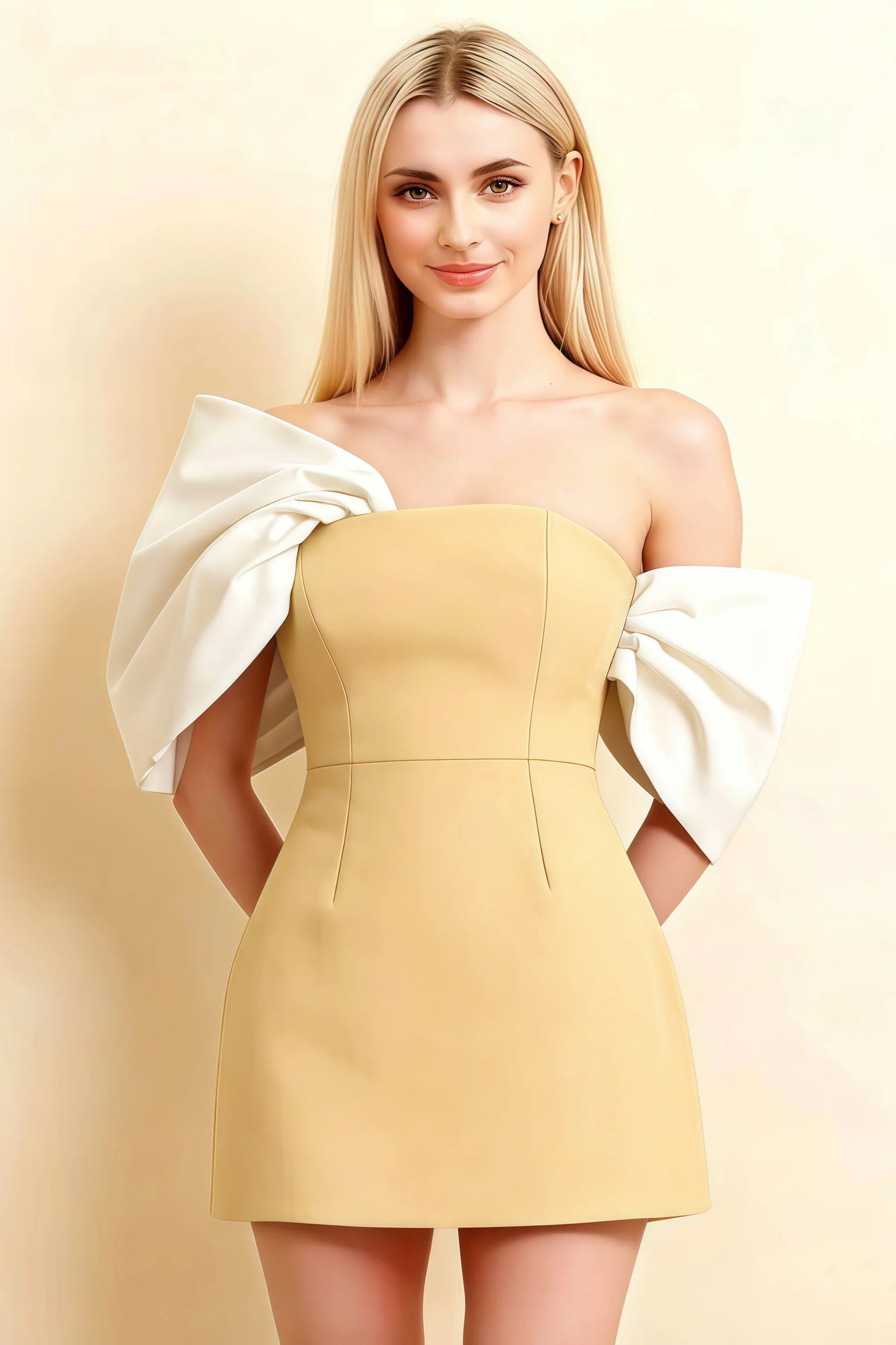 Bella Lemon Satin Bandeau A-Line Mini Dress with Bow Sleeves