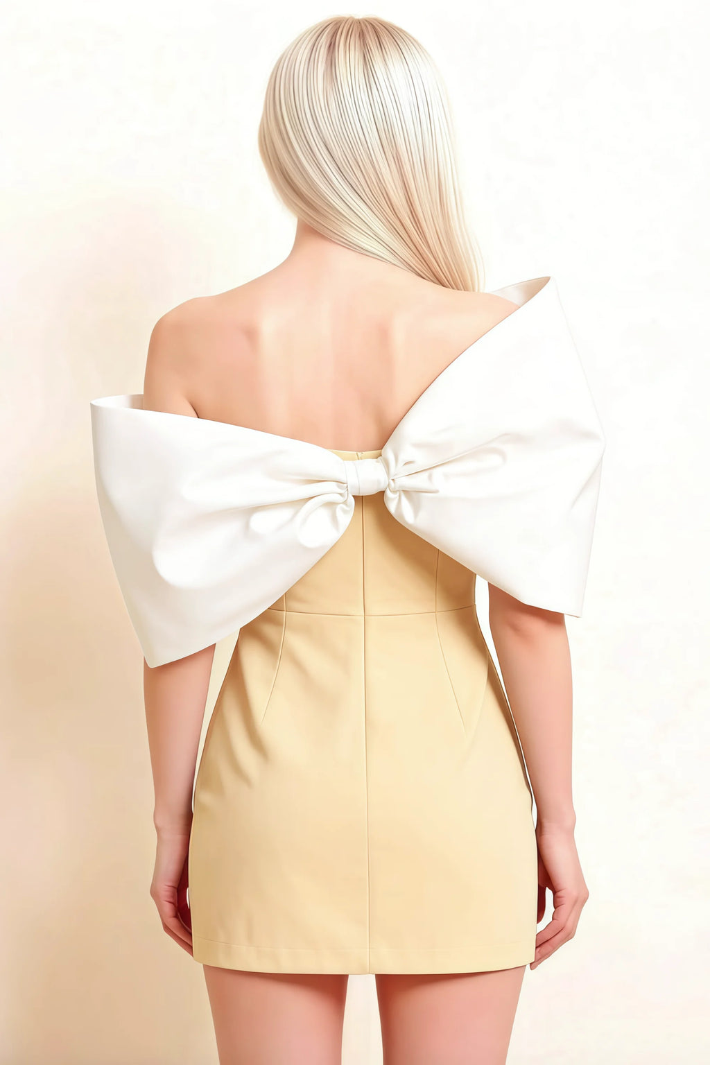 Bella Lemon Satin Bandeau A-Line Mini Dress with Bow Sleeves