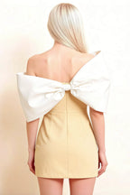 Bella Lemon Satin Bandeau A-Line Mini Dress with Bow Sleeves