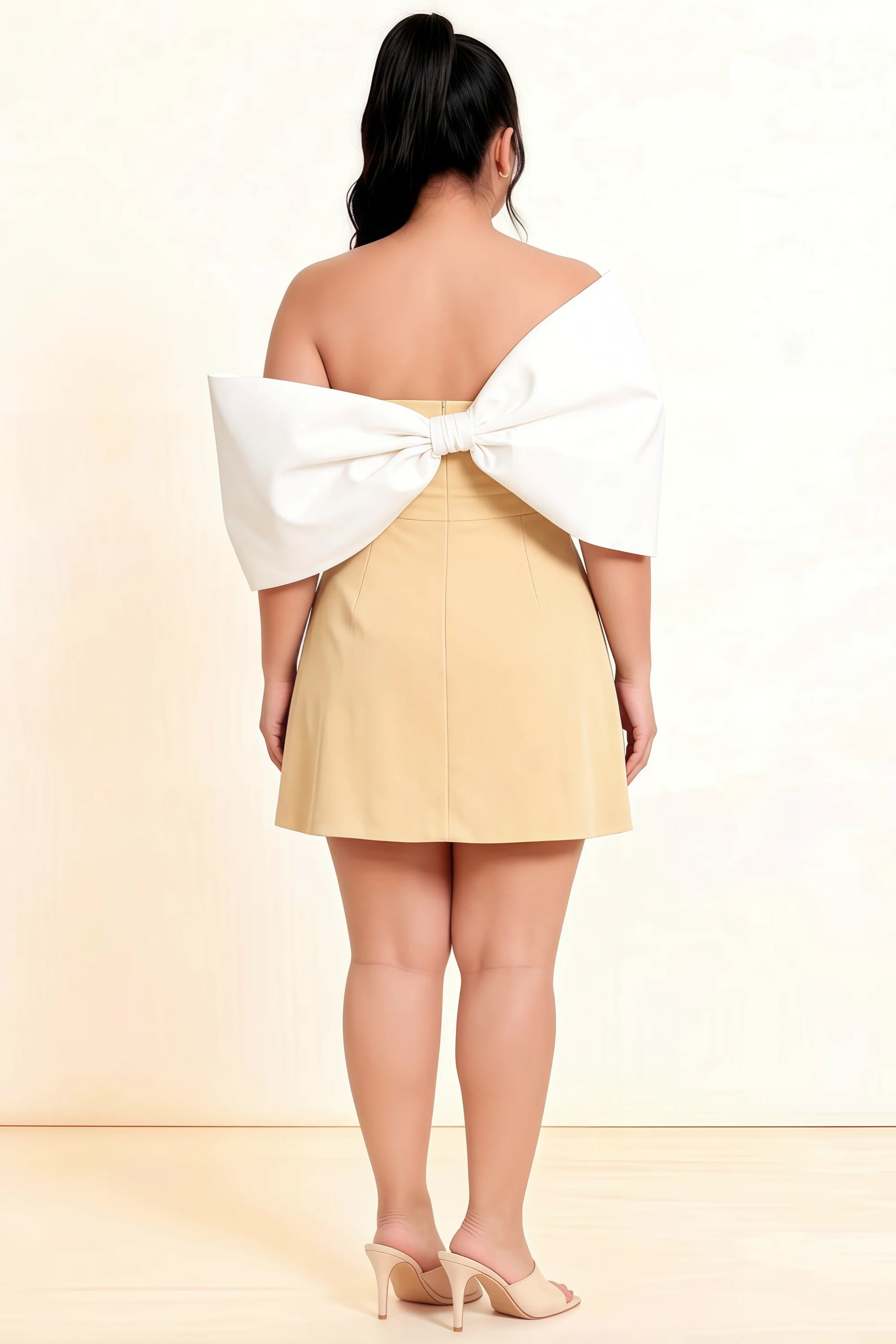 Bella Lemon Satin Bandeau A-Line Mini Dress with Bow Sleeves