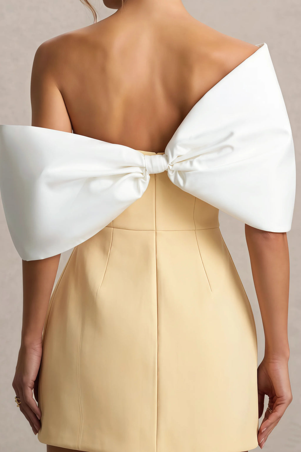 Bella Lemon Satin Bandeau A-Line Mini Dress with Bow Sleeves
