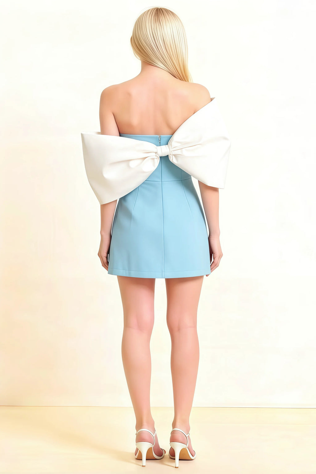Bella Light Blue Satin Bandeau A-Line Mini Dress with Bow Sleeves