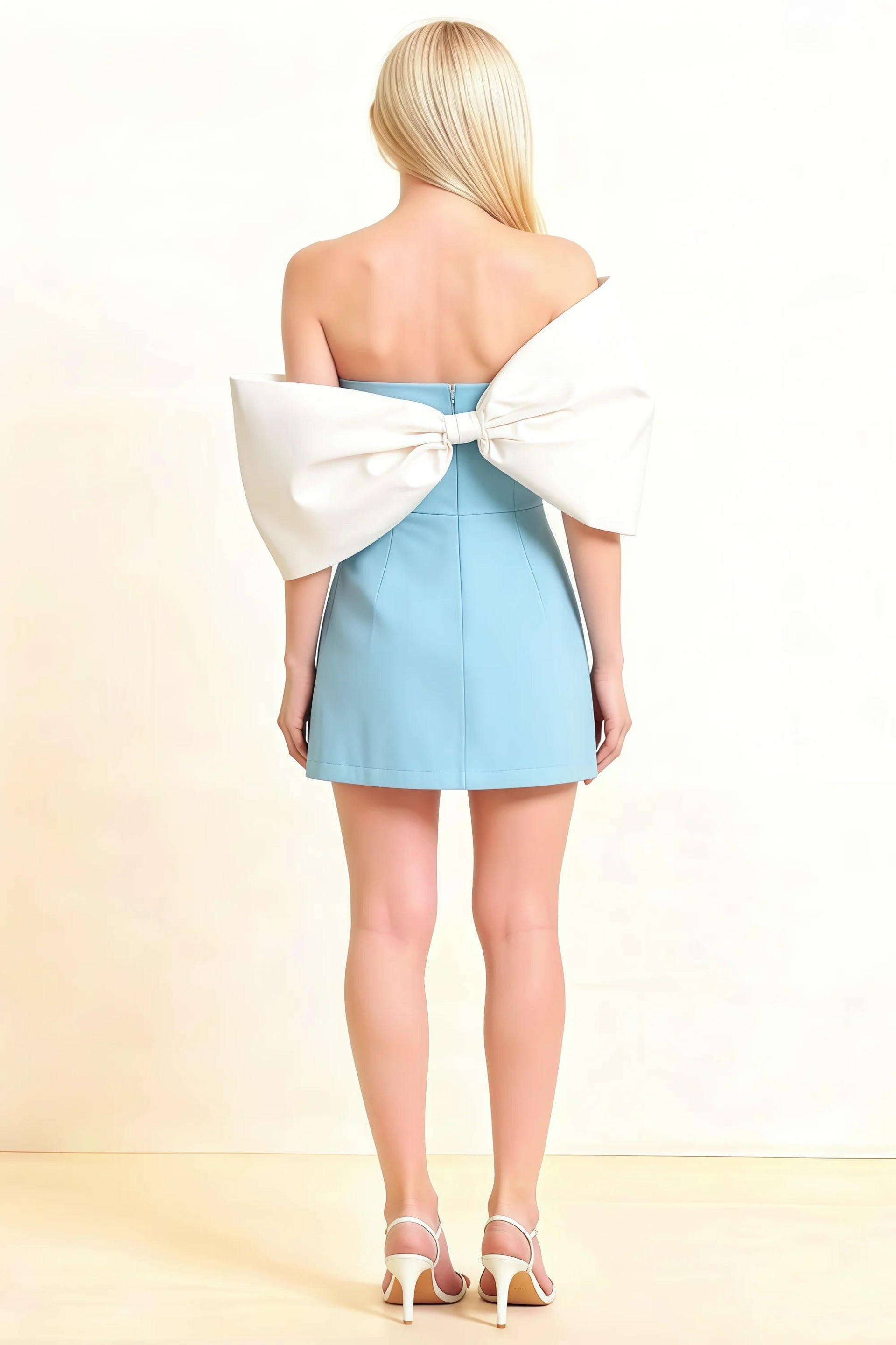 Bella Light Blue Satin Bandeau A-Line Mini Dress with Bow Sleeves