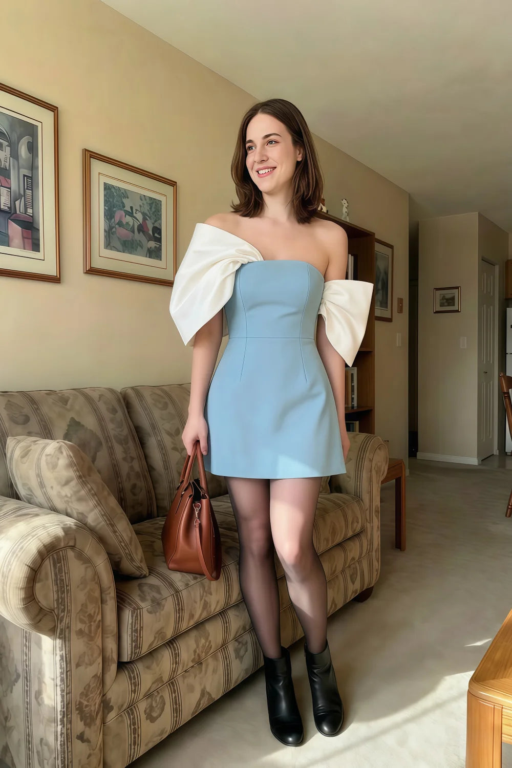Bella Light Blue Satin Bandeau A-Line Mini Dress with Bow Sleeves