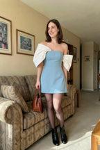 Bella Light Blue Satin Bandeau A-Line Mini Dress with Bow Sleeves
