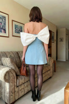 Bella Light Blue Satin Bandeau A-Line Mini Dress with Bow Sleeves