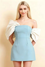 Bella Light Blue Satin Bandeau A-Line Mini Dress with Bow Sleeves
