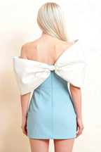 Bella Light Blue Satin Bandeau A-Line Mini Dress with Bow Sleeves