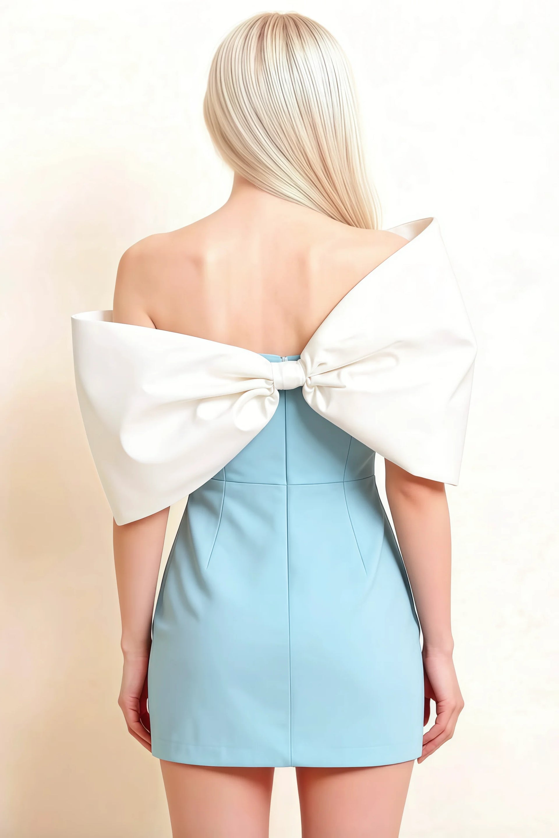 Bella Light Blue Satin Bandeau A-Line Mini Dress with Bow Sleeves