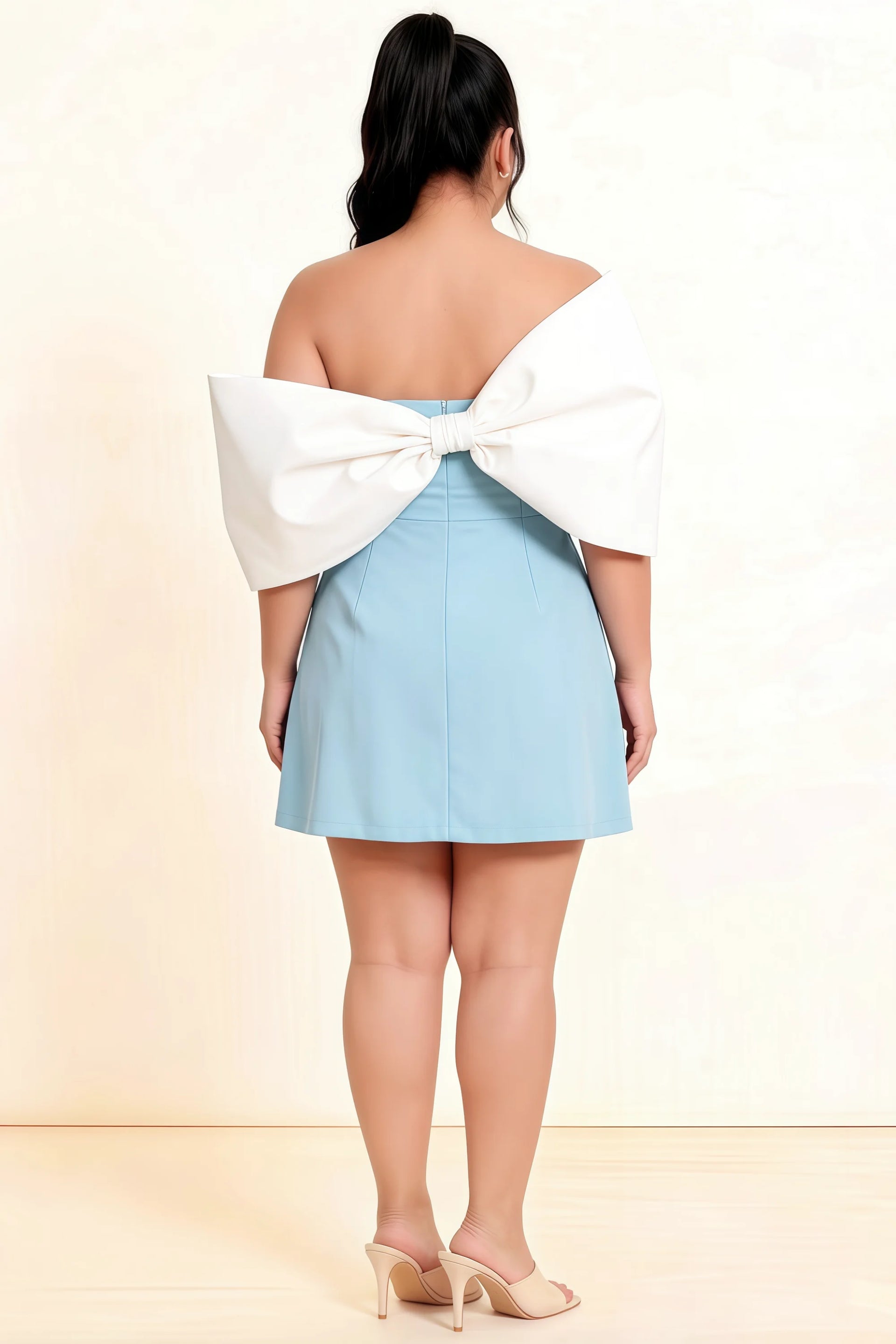 Bella Light Blue Satin Bandeau A-Line Mini Dress with Bow Sleeves