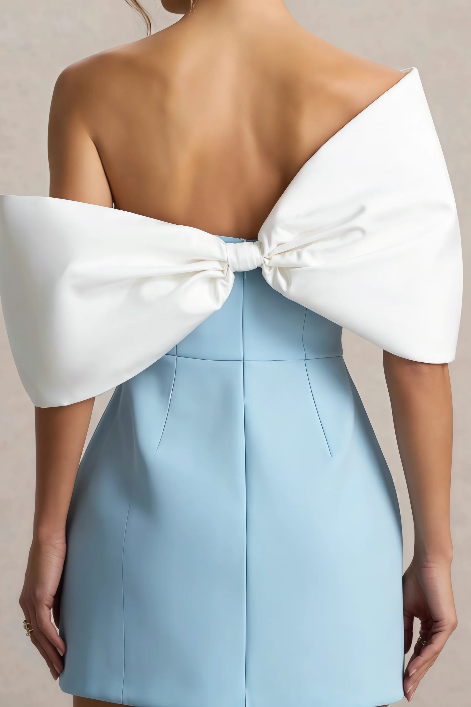 Bella Light Blue Satin Bandeau A-Line Mini Dress with Bow Sleeves