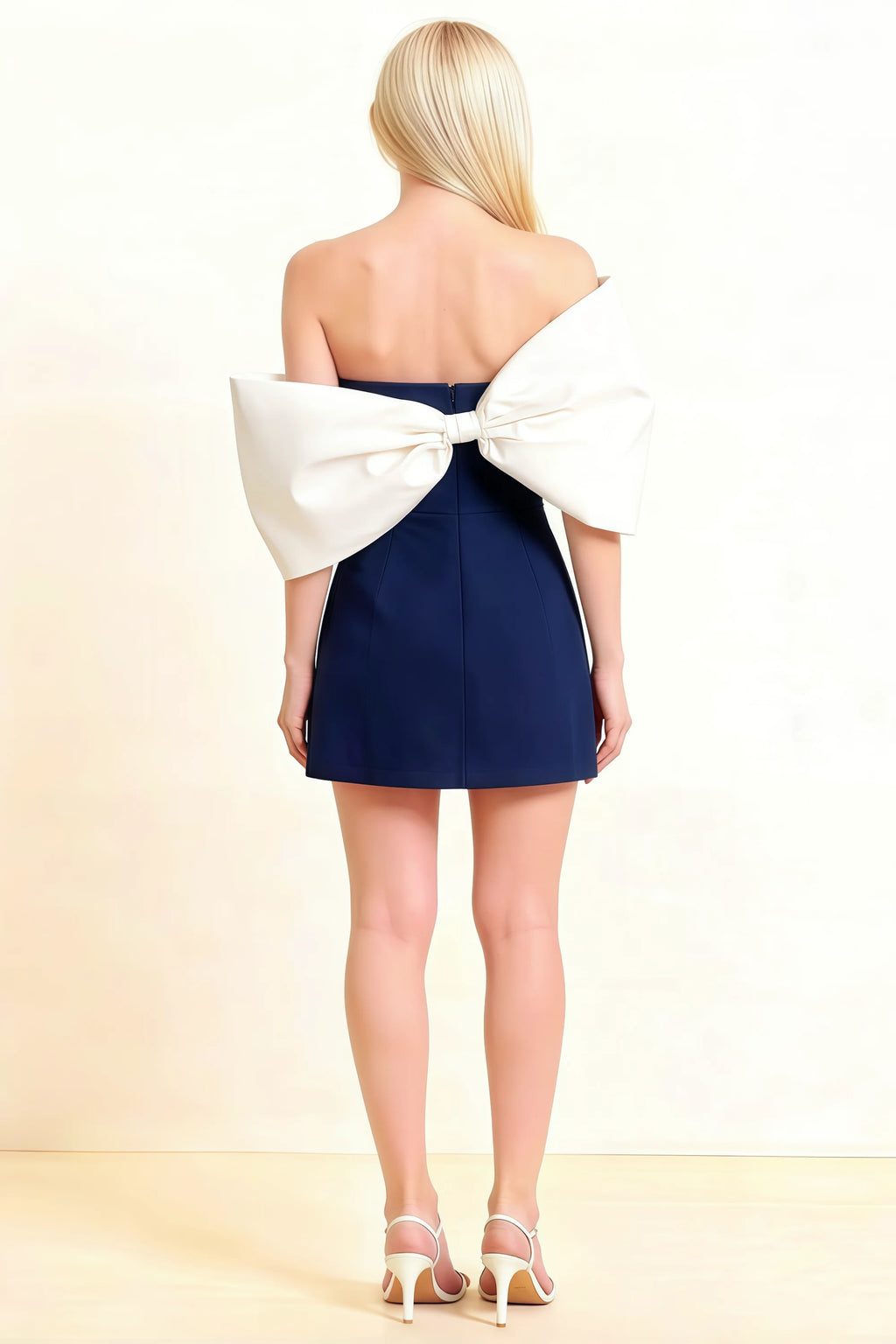 Bella Navy Satin Bandeau A-Line Mini Dress with Bow Sleeves