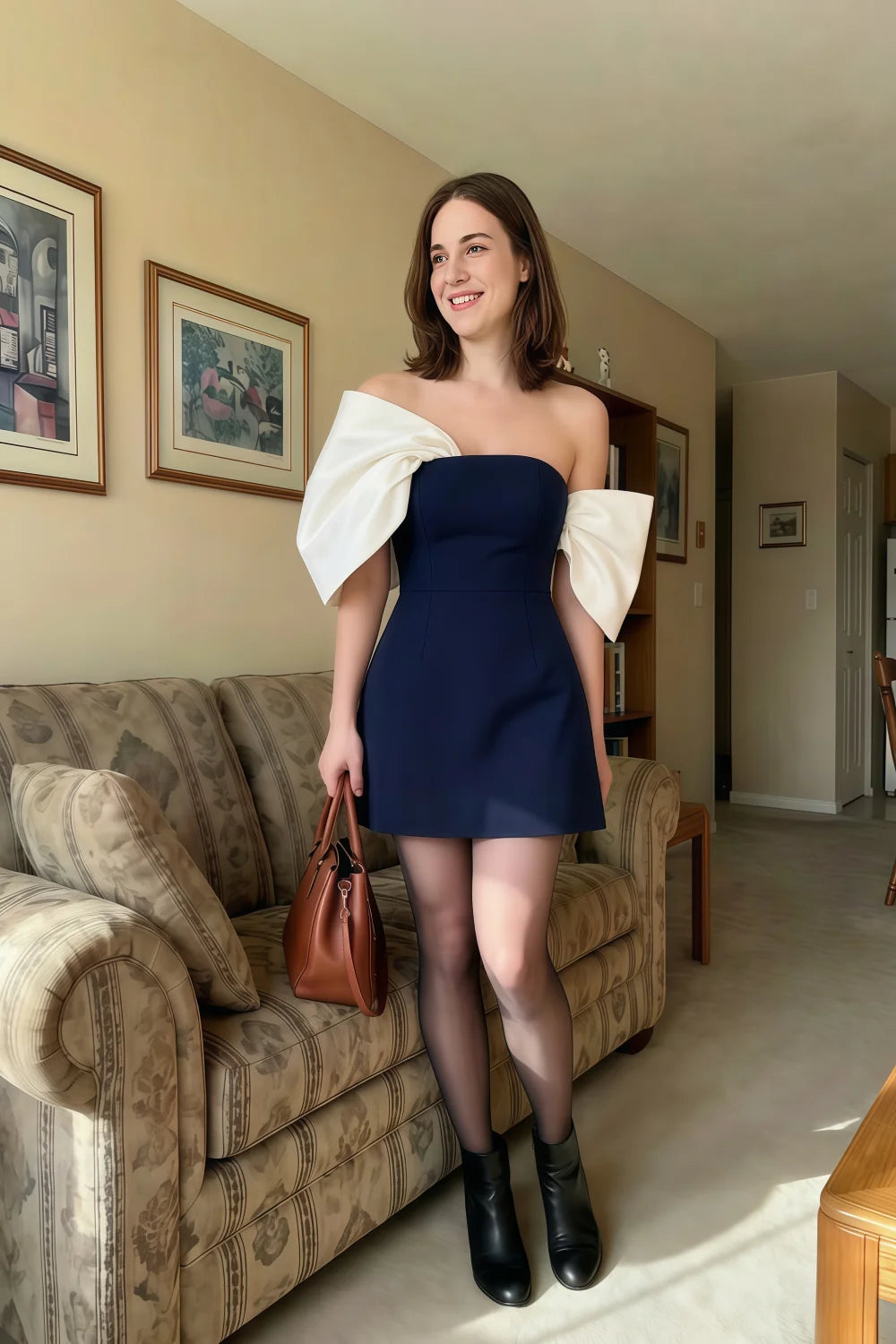 Bella Navy Satin Bandeau A-Line Mini Dress with Bow Sleeves
