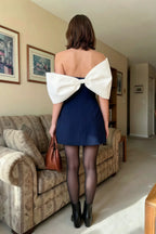 Bella Navy Satin Bandeau A-Line Mini Dress with Bow Sleeves