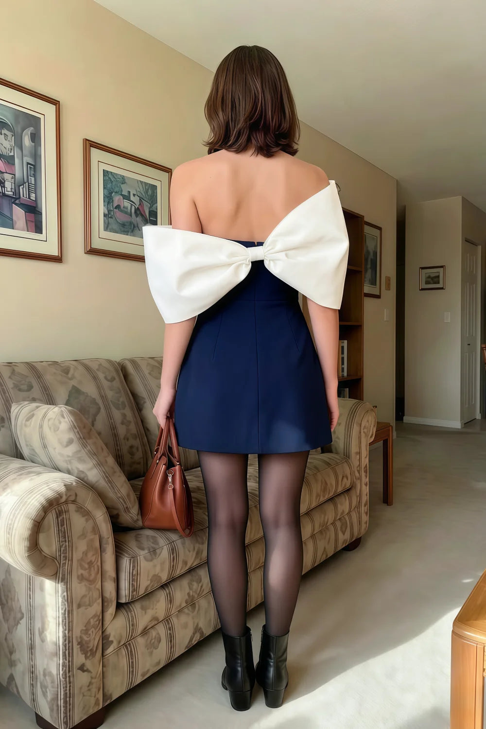 Bella Navy Satin Bandeau A-Line Mini Dress with Bow Sleeves