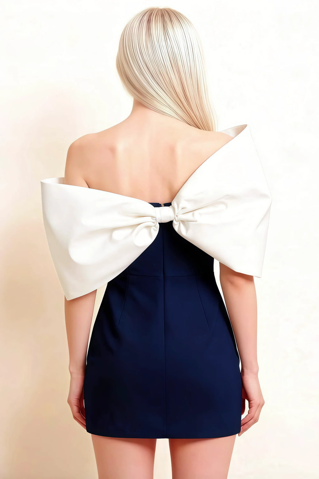Bella Navy Satin Bandeau A-Line Mini Dress with Bow Sleeves