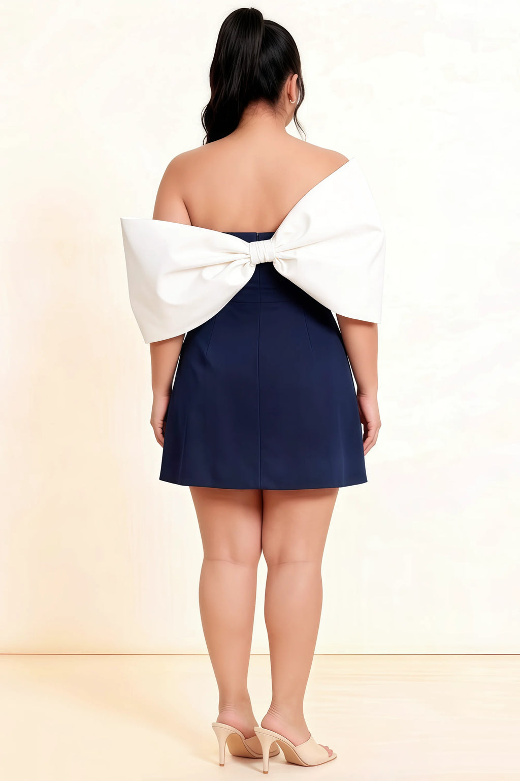 Bella Navy Satin Bandeau A-Line Mini Dress with Bow Sleeves