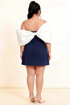 Bella Navy Satin Bandeau A-Line Mini Dress with Bow Sleeves