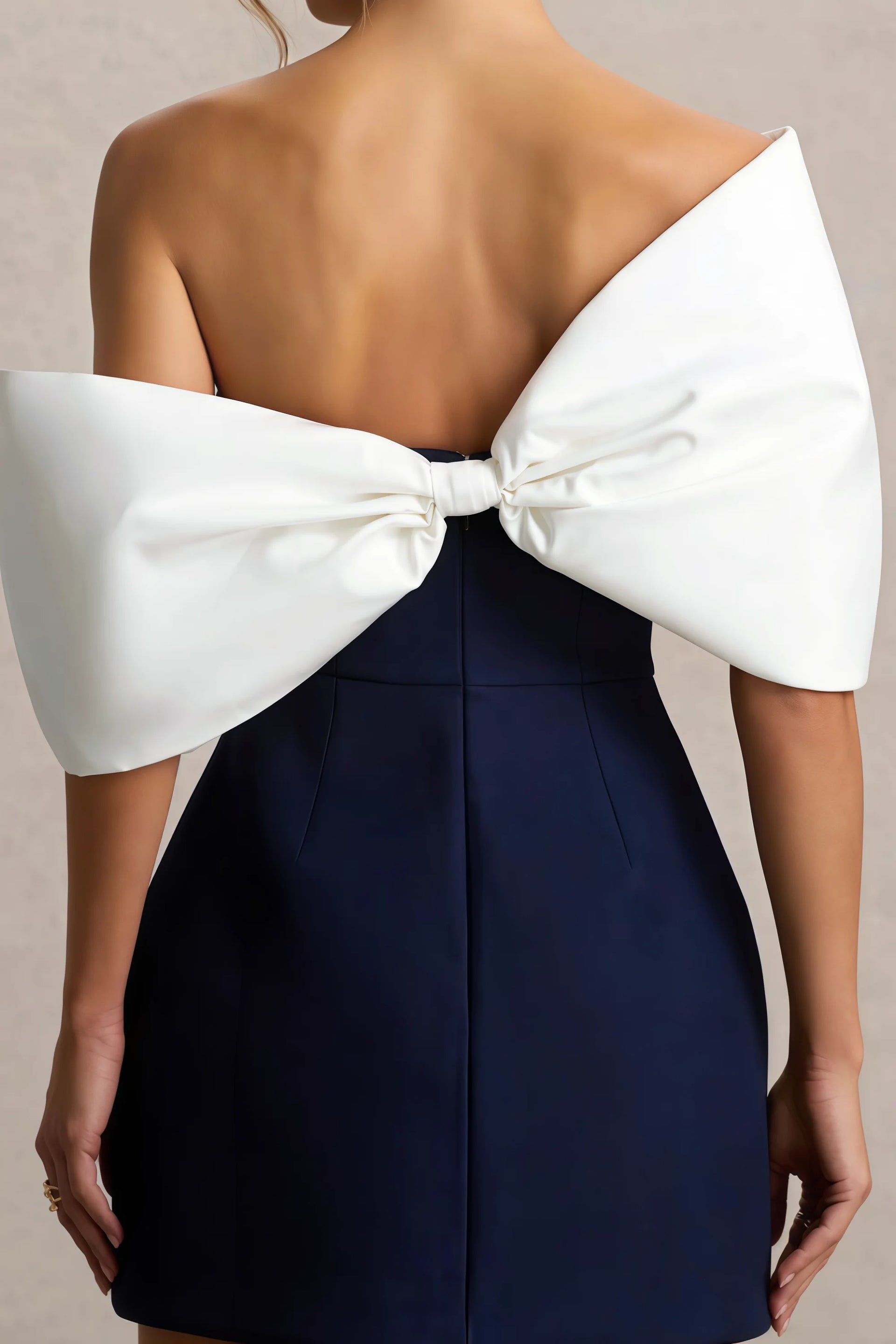 Bella Navy Satin Bandeau A-Line Mini Dress with Bow Sleeves