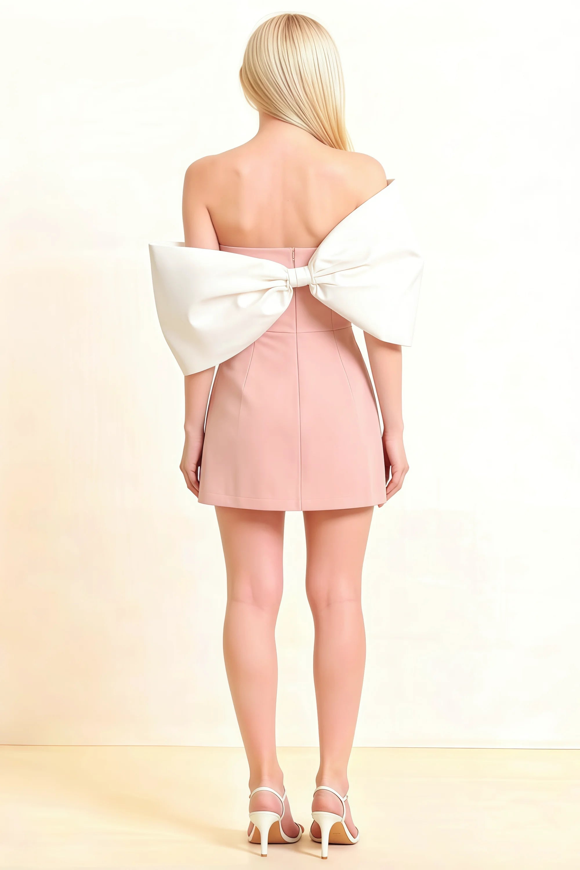 Bella Pink Satin Bandeau A-Line Mini Dress with Bow Sleeves Secondary image